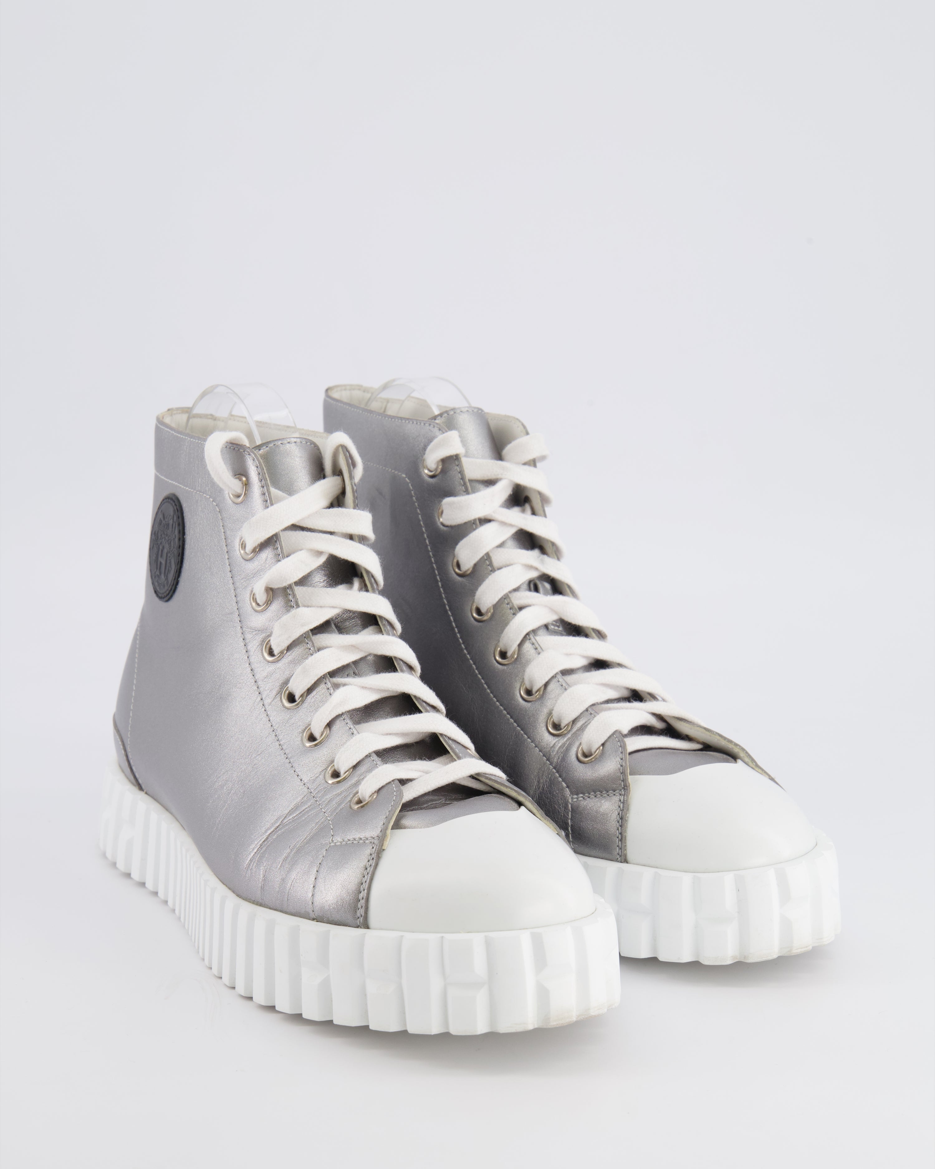 Hermès Climb High-Top Trainers in Silver Metallic Leather with White Rubber Platform Soles and Toecap with Black Logo Detail Size EU 39 RRP £790