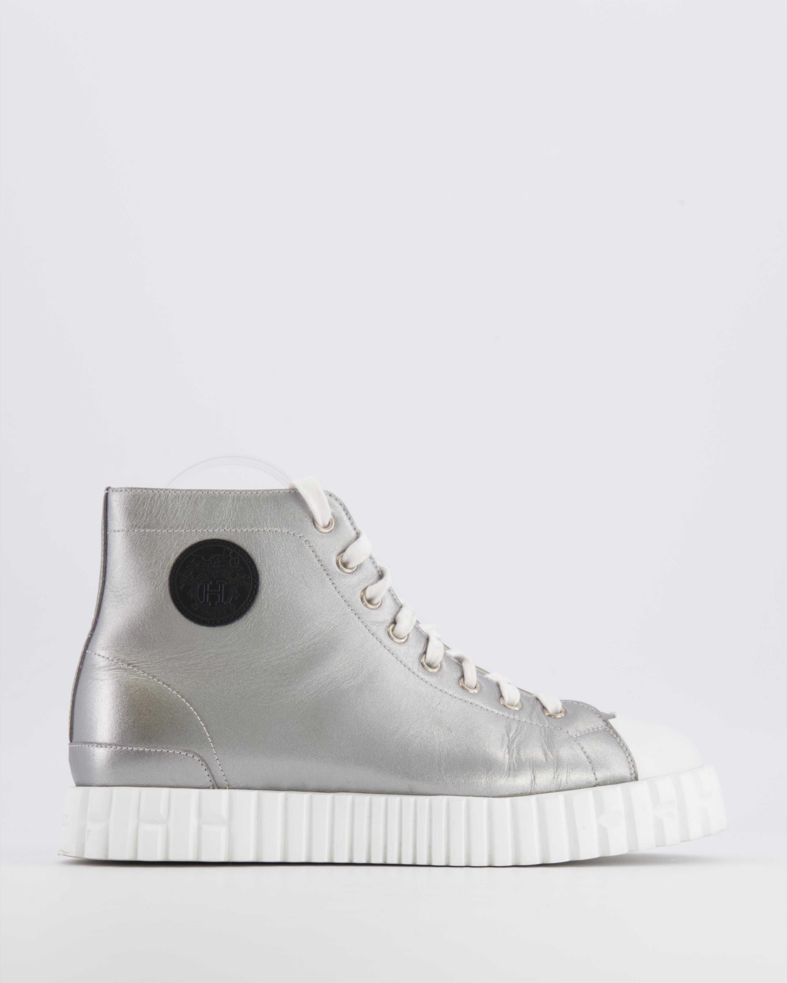 Hermès Climb High-Top Trainers in Silver Metallic Leather with White Rubber Platform Soles and Toecap with Black Logo Detail Size EU 39 RRP £790