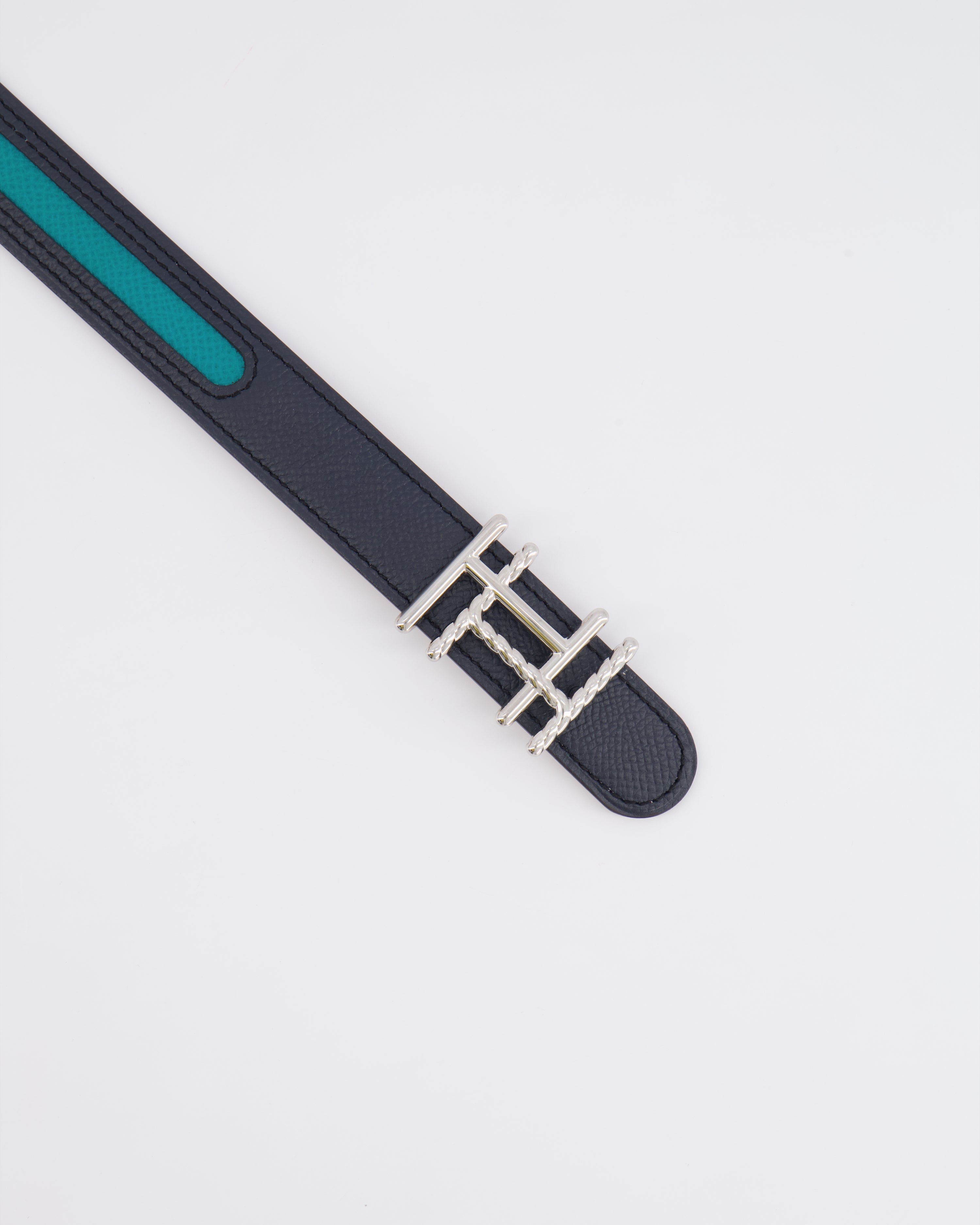 Hermès Au Carré Reversible Belt in Green and Navy with Gold Interior and Palladium H Buckle 80cm
