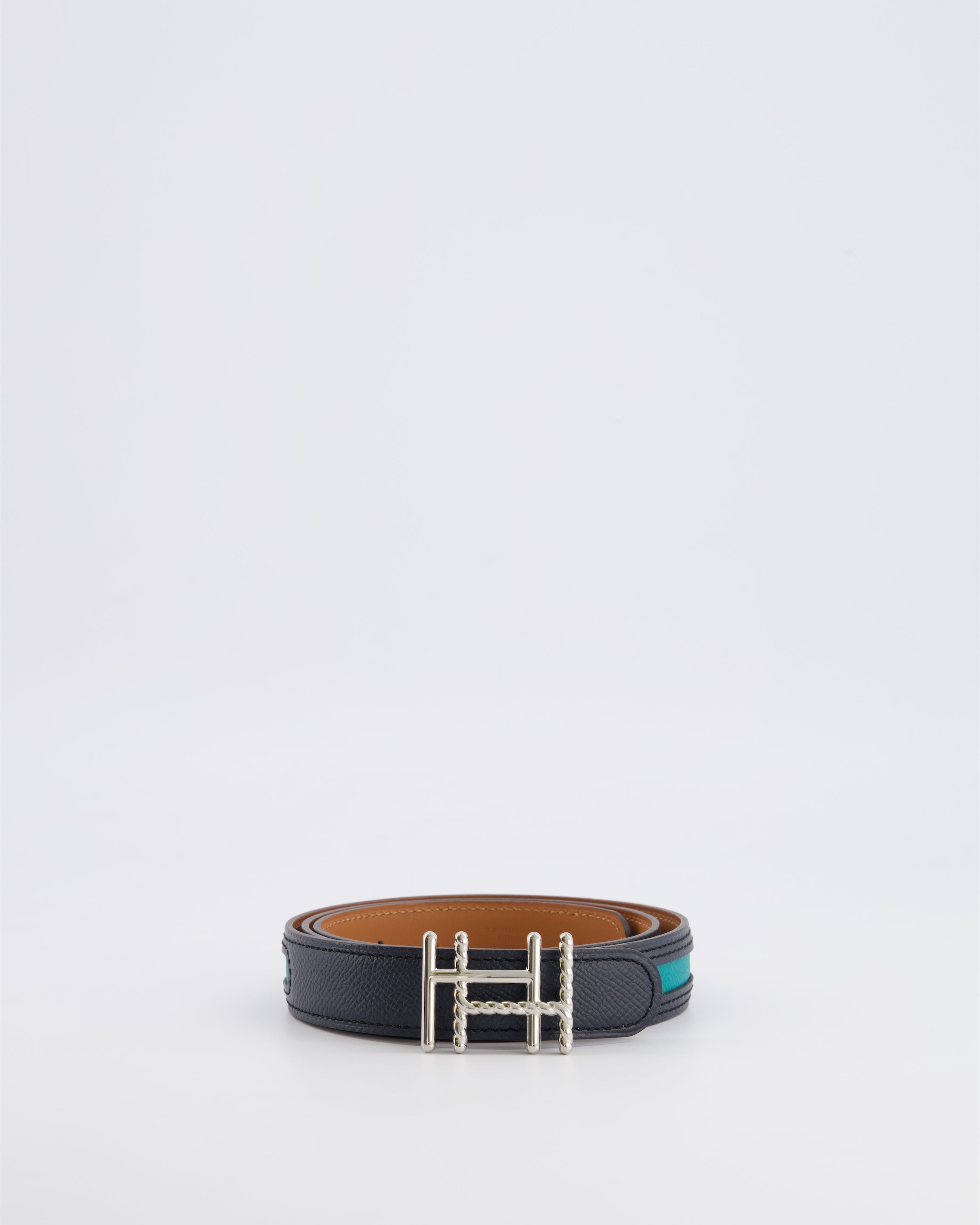 Hermès Au Carré Reversible Belt in Green and Navy with Gold Interior and Palladium H Buckle 80cm