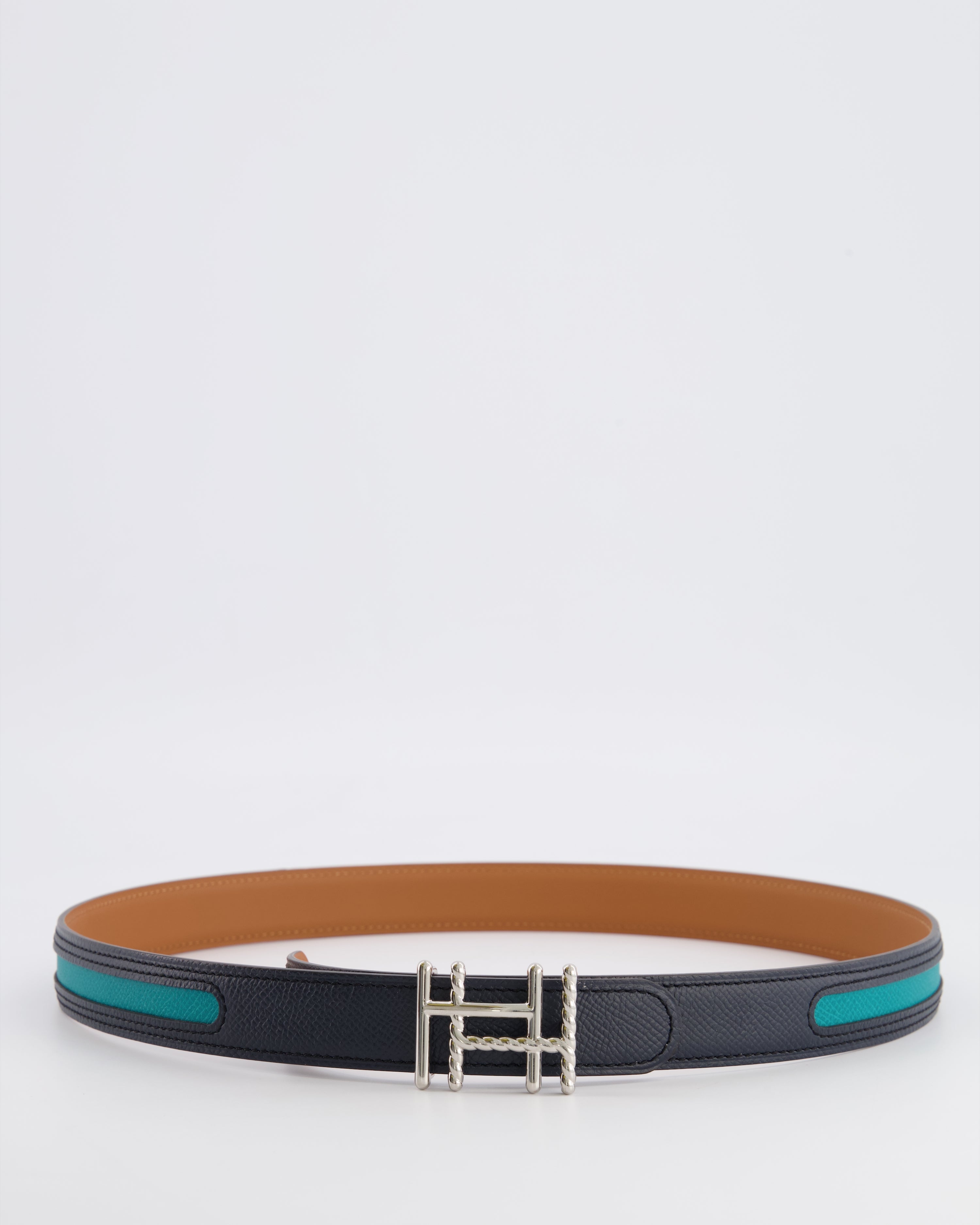 Hermès Au Carré Reversible Belt in Green and Navy with Gold Interior and Palladium H Buckle 80cm