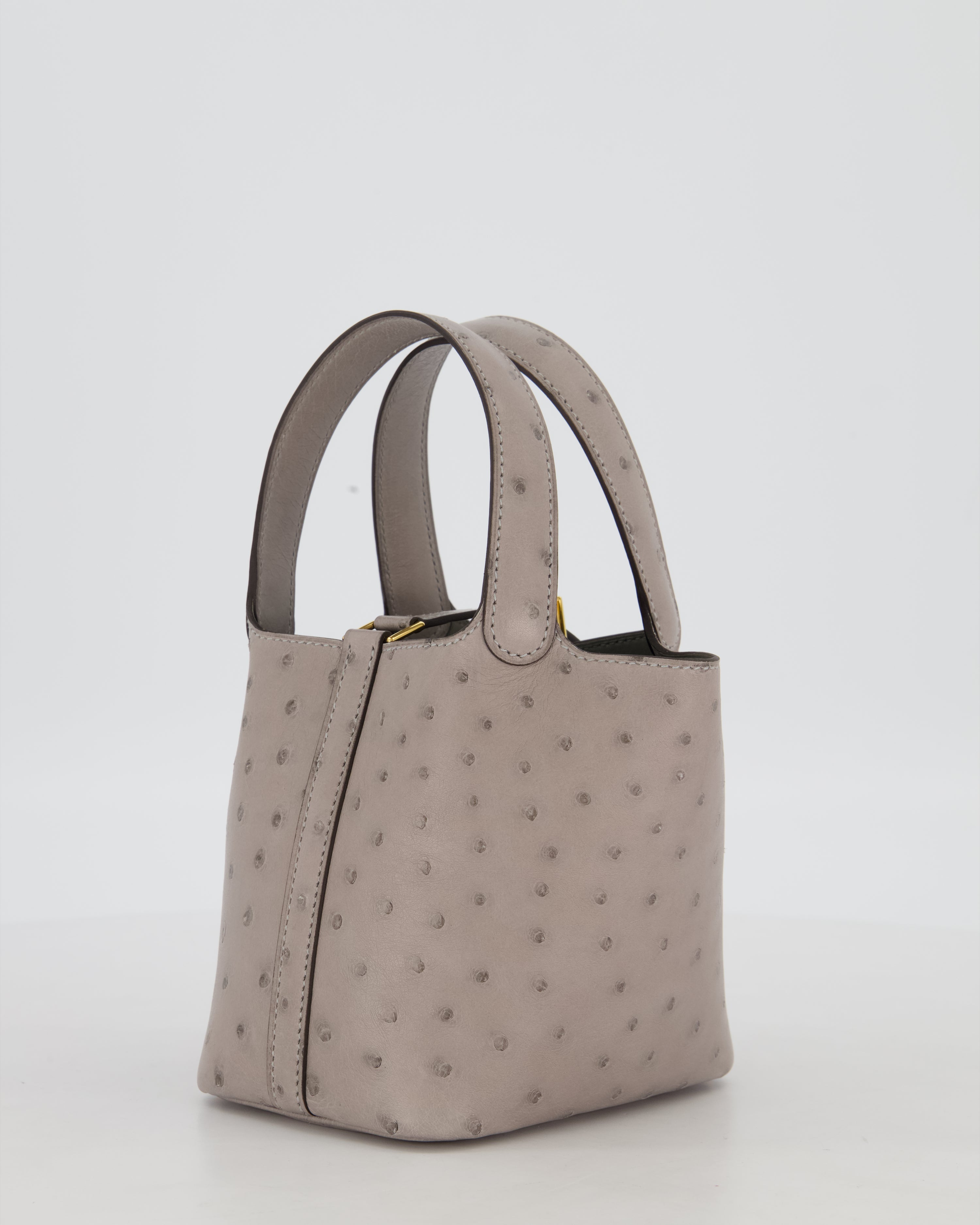 *HOT* Hermès Micro Picotin Lock Bag in Gris Mouette Ostrich Leather with Gold Hardware