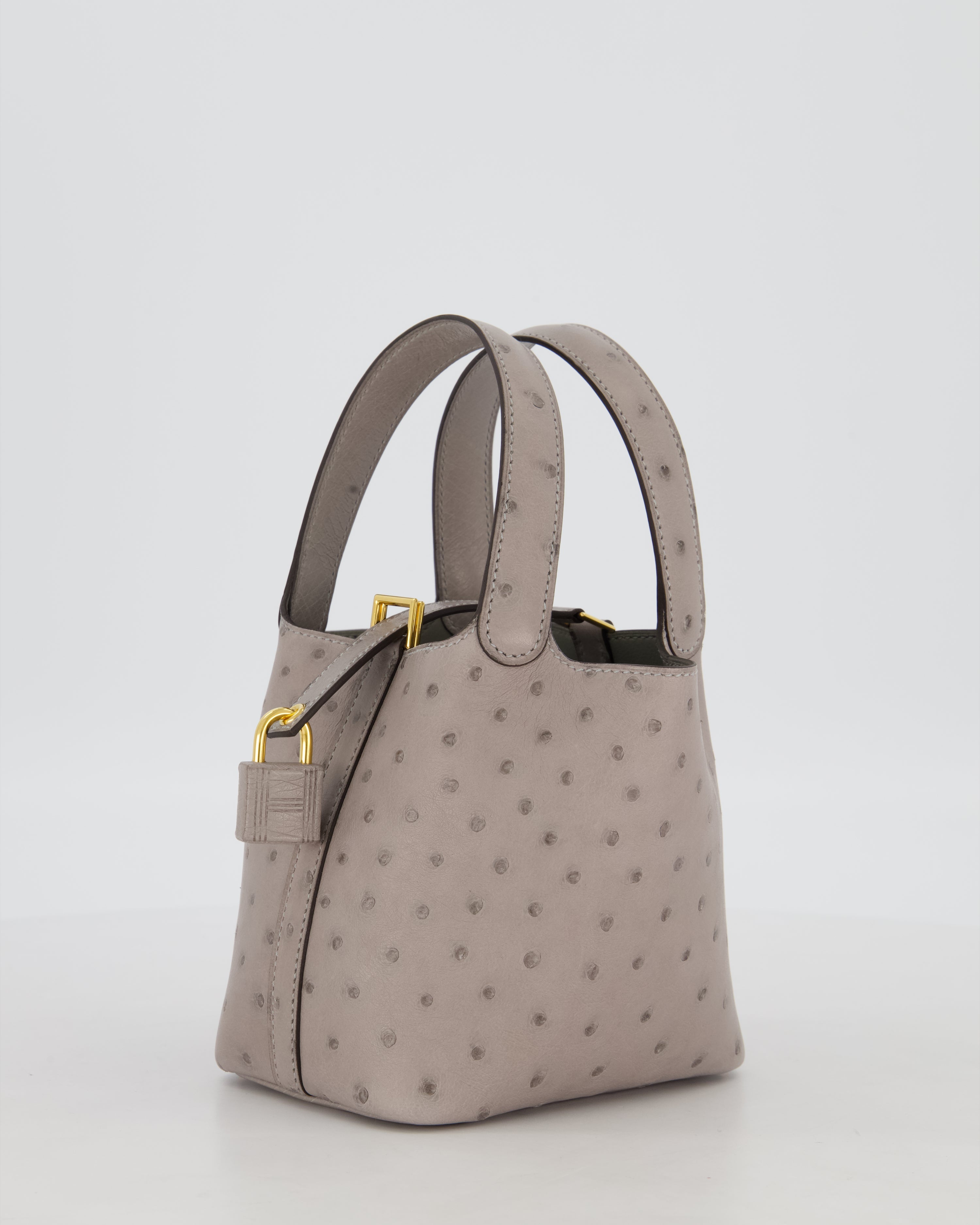 *HOT* Hermès Micro Picotin Lock Bag in Gris Mouette Ostrich Leather with Gold Hardware