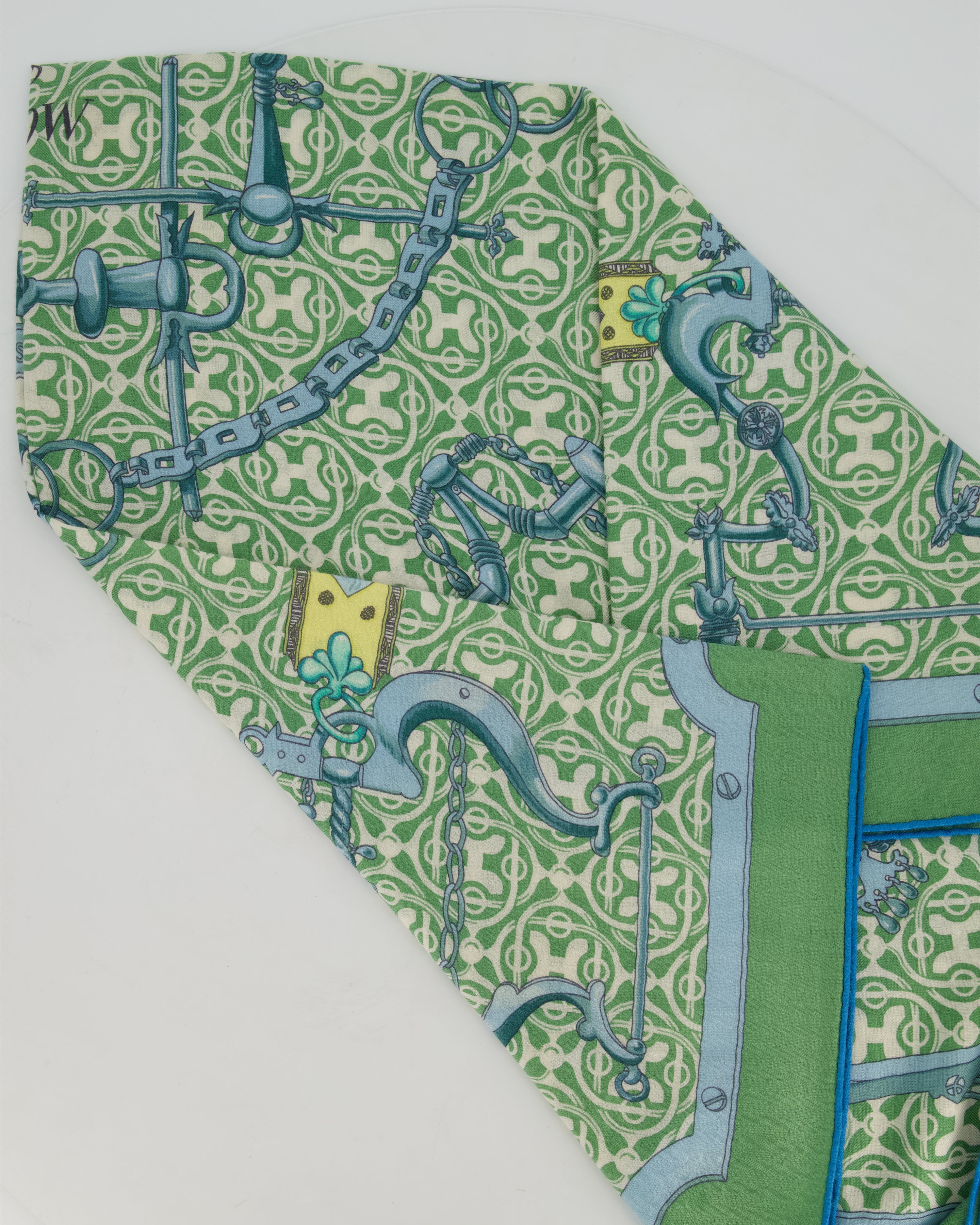 Hermès Green and Blue "Mors et Gourmettes" Cashmere and Silk Shawl