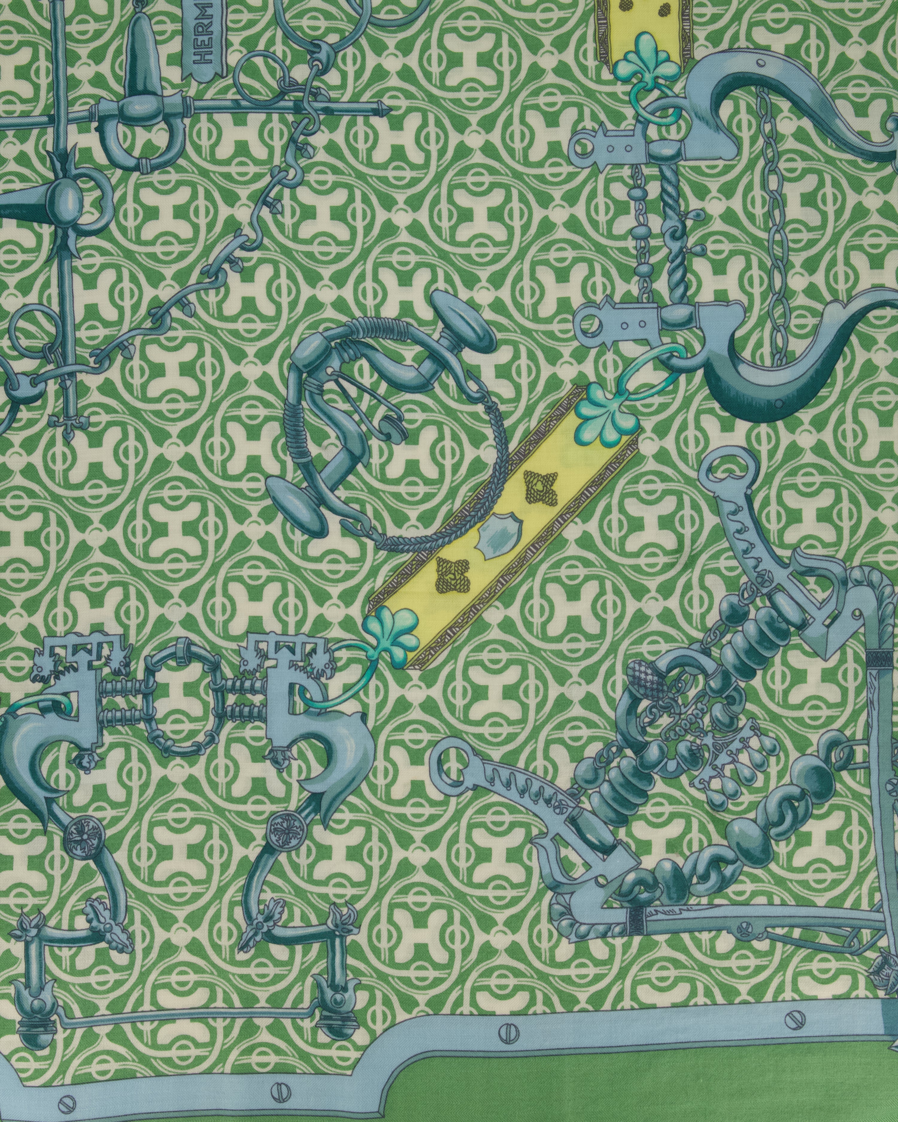 Hermès Green and Blue "Mors et Gourmettes" Cashmere and Silk Shawl