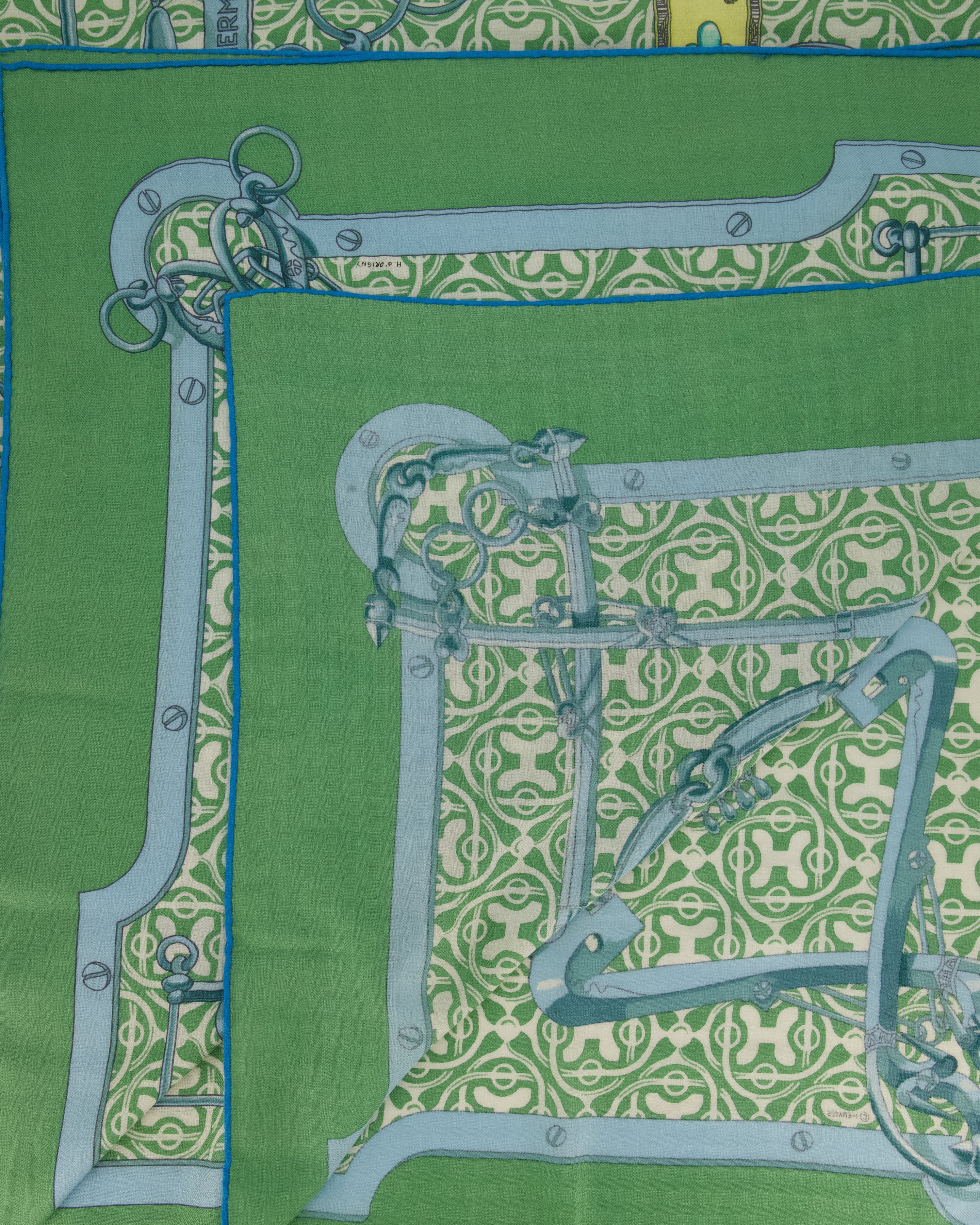 Hermès Green and Blue "Mors et Gourmettes" Cashmere and Silk Shawl