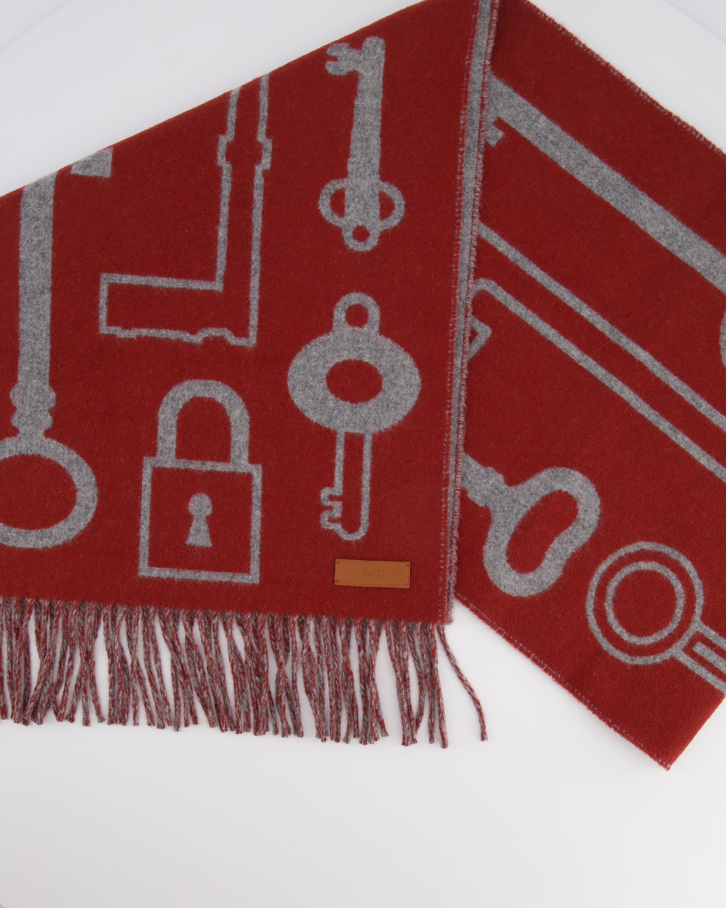 Hermès Burnt Orange and Grey Cashmere Scarf with Key Prints and Fringed Trims 156cm x 32cm