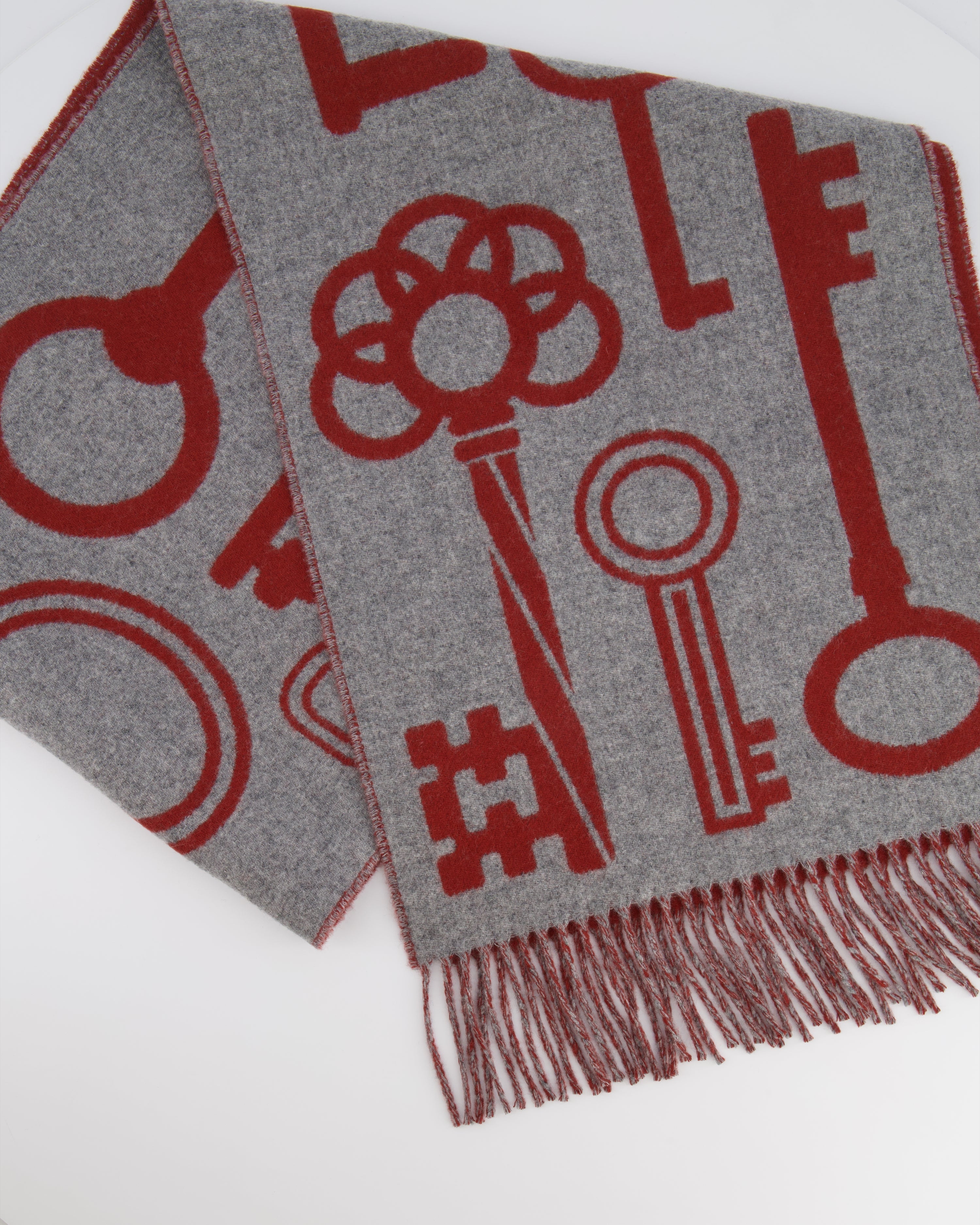 Hermès Burnt Orange and Grey Cashmere Scarf with Key Prints and Fringed Trims 156cm x 32cm