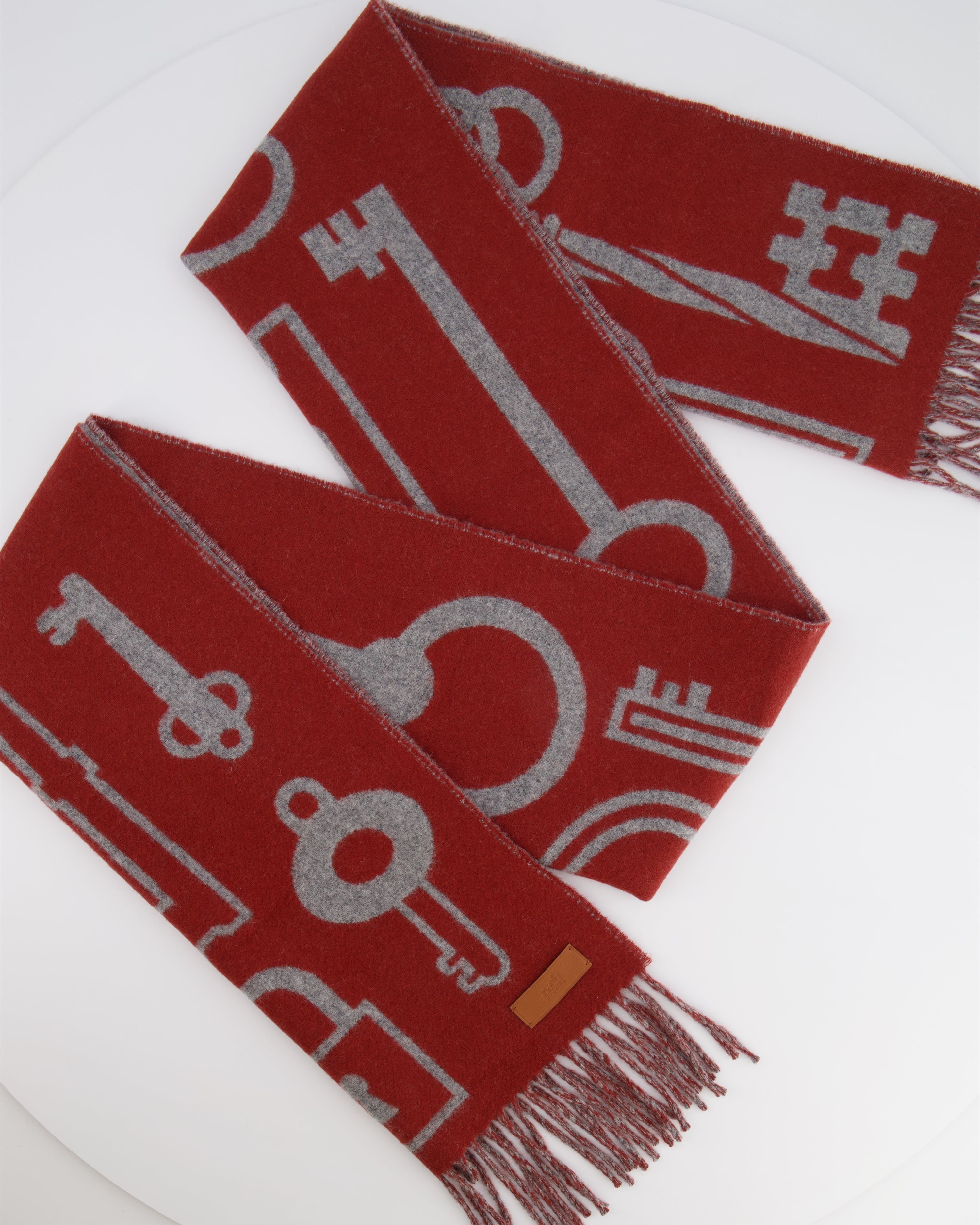 Hermès Burnt Orange and Grey Cashmere Scarf with Key Prints and Fringed Trims 156cm x 32cm