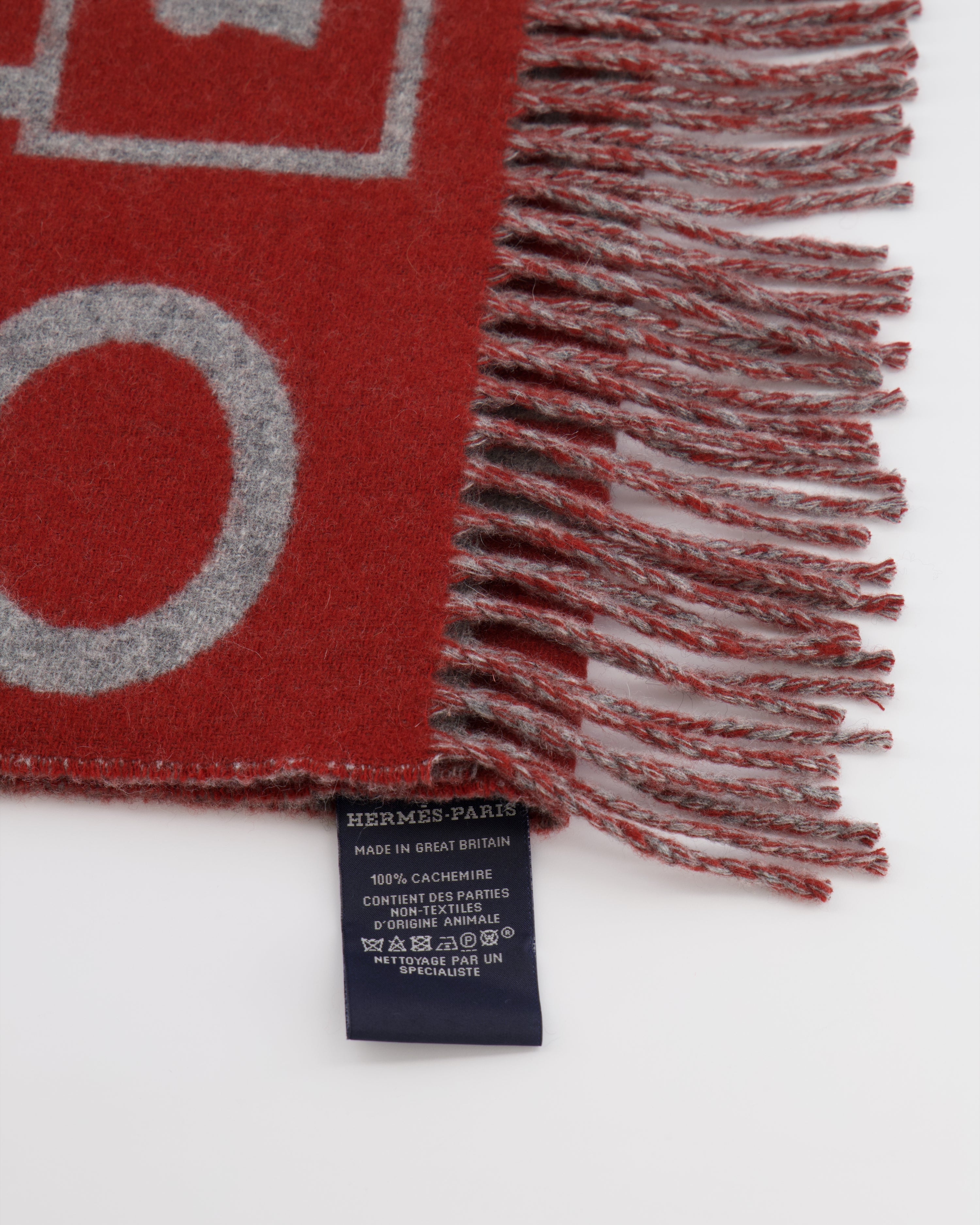 Hermès Burnt Orange and Grey Cashmere Scarf with Key Prints and Fringed Trims 156cm x 32cm