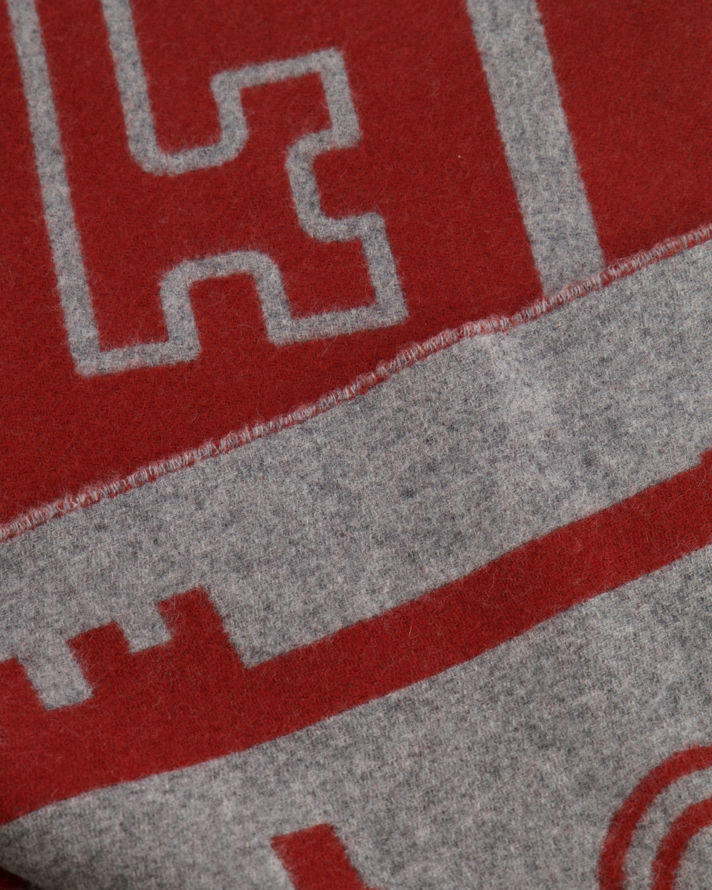 Hermès Burnt Orange and Grey Cashmere Scarf with Key Prints and Fringed Trims 156cm x 32cm