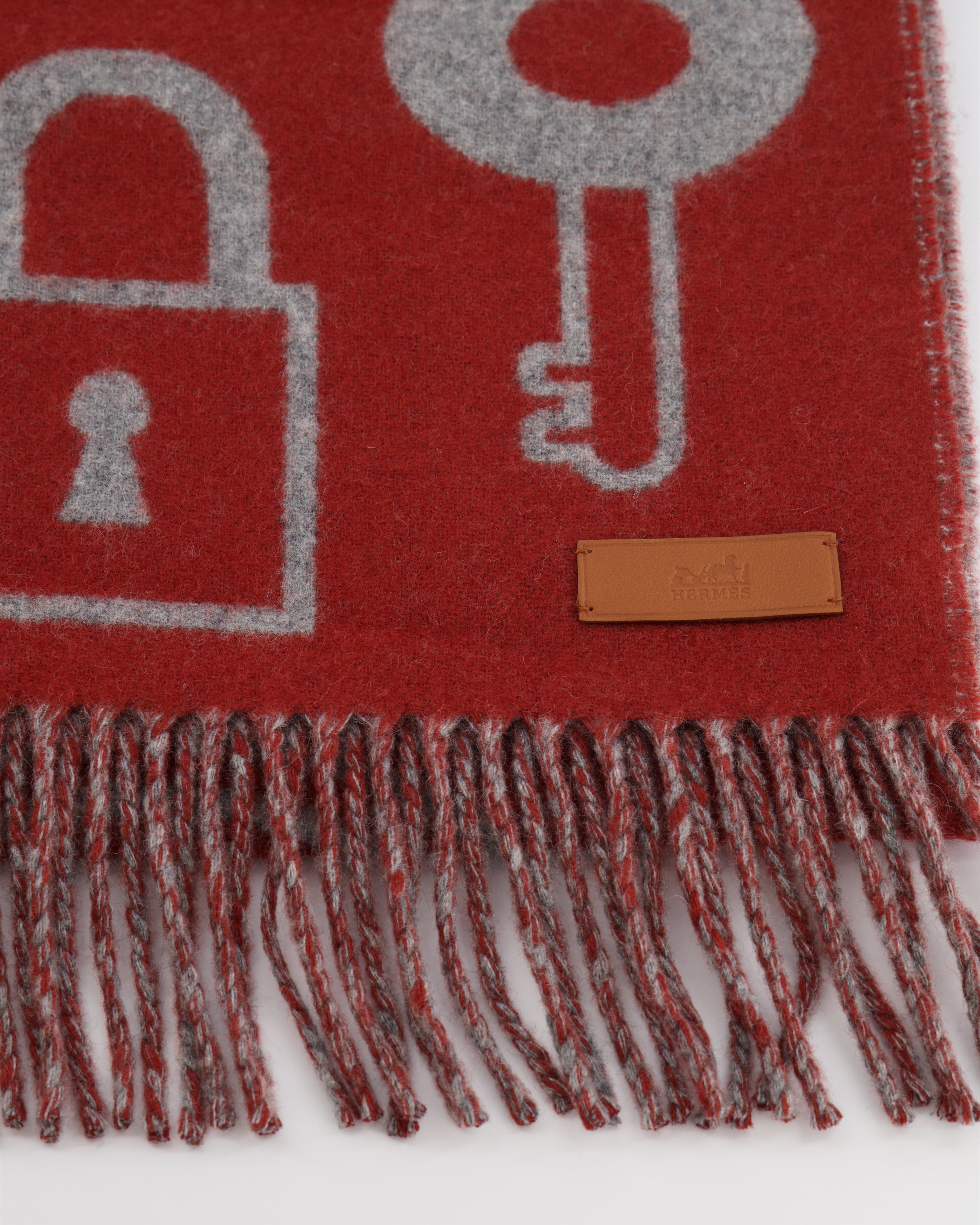 Hermès Burnt Orange and Grey Cashmere Scarf with Key Prints and Fringed Trims 156cm x 32cm