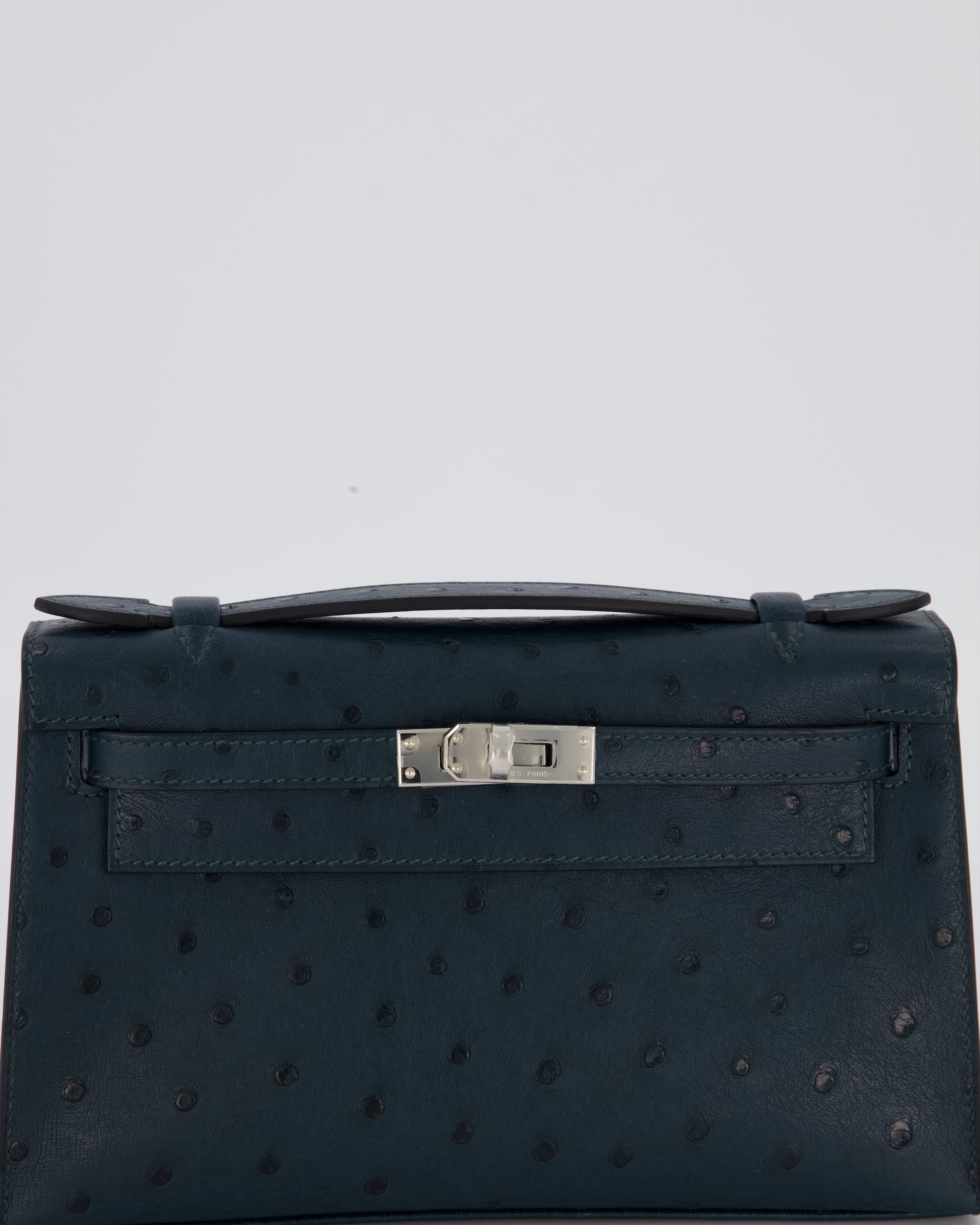 *SUPER RARE* Hermès Mini Kelly Pochette Bag in Vert Cypres Ostrich Leather with Palladium Hardware