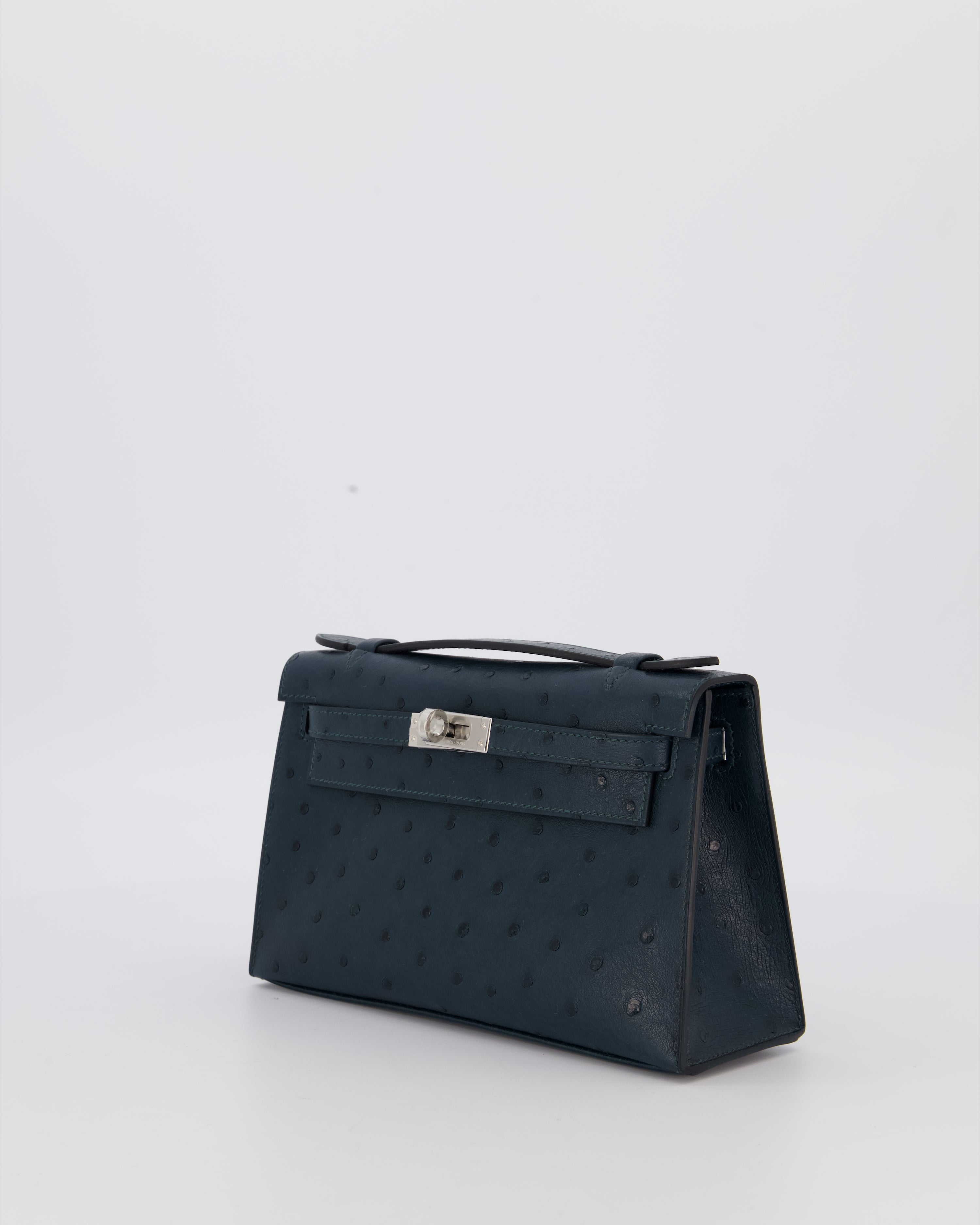 *SUPER RARE* Hermès Mini Kelly Pochette Bag in Vert Cypres Ostrich Leather with Palladium Hardware