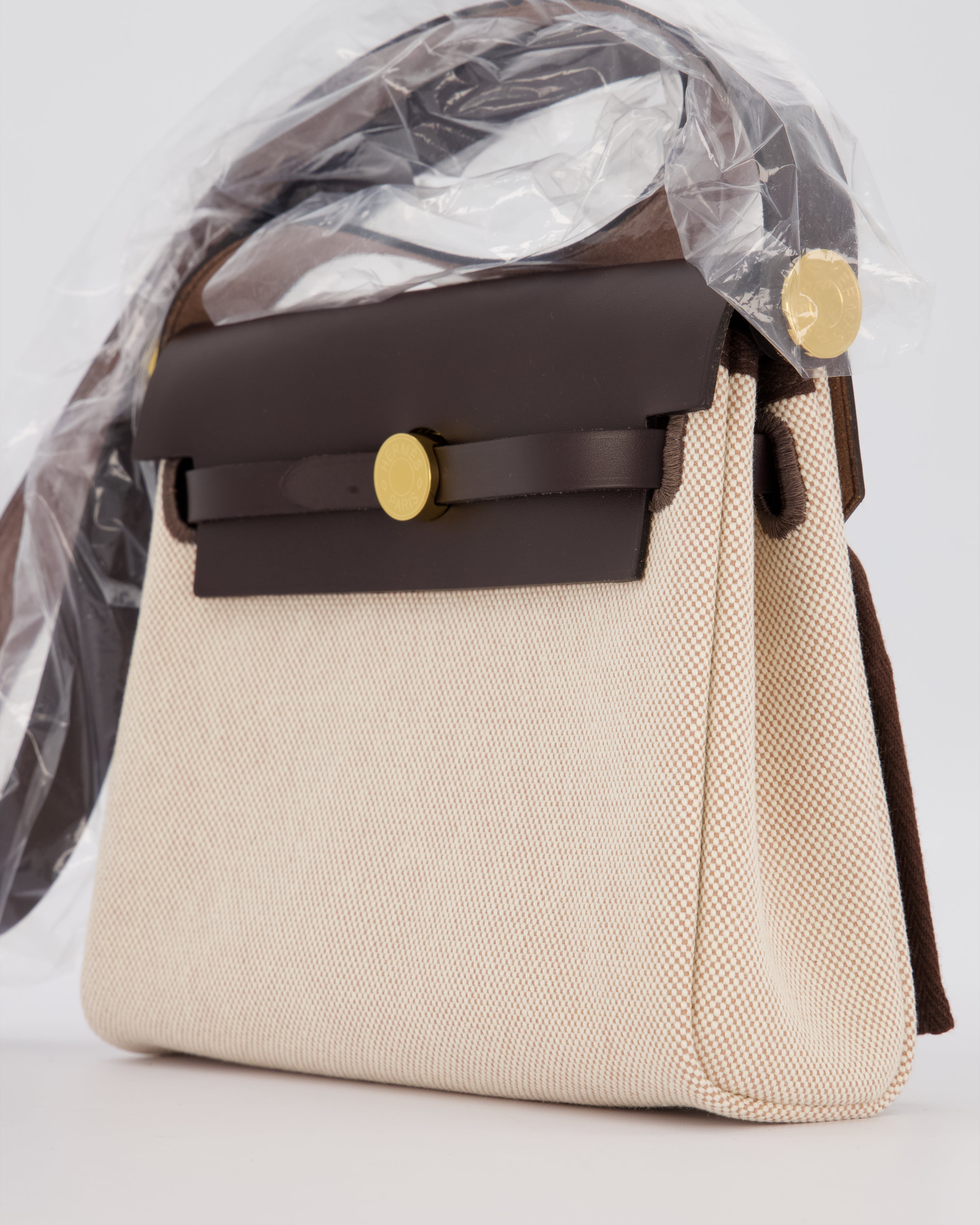 *HOT & RARE* Hermès Mini Herbag Zip 20 Bag in Ebene Vache Hunter Leather & Ecru/Beige Viking Canvas with Gold Hardware
