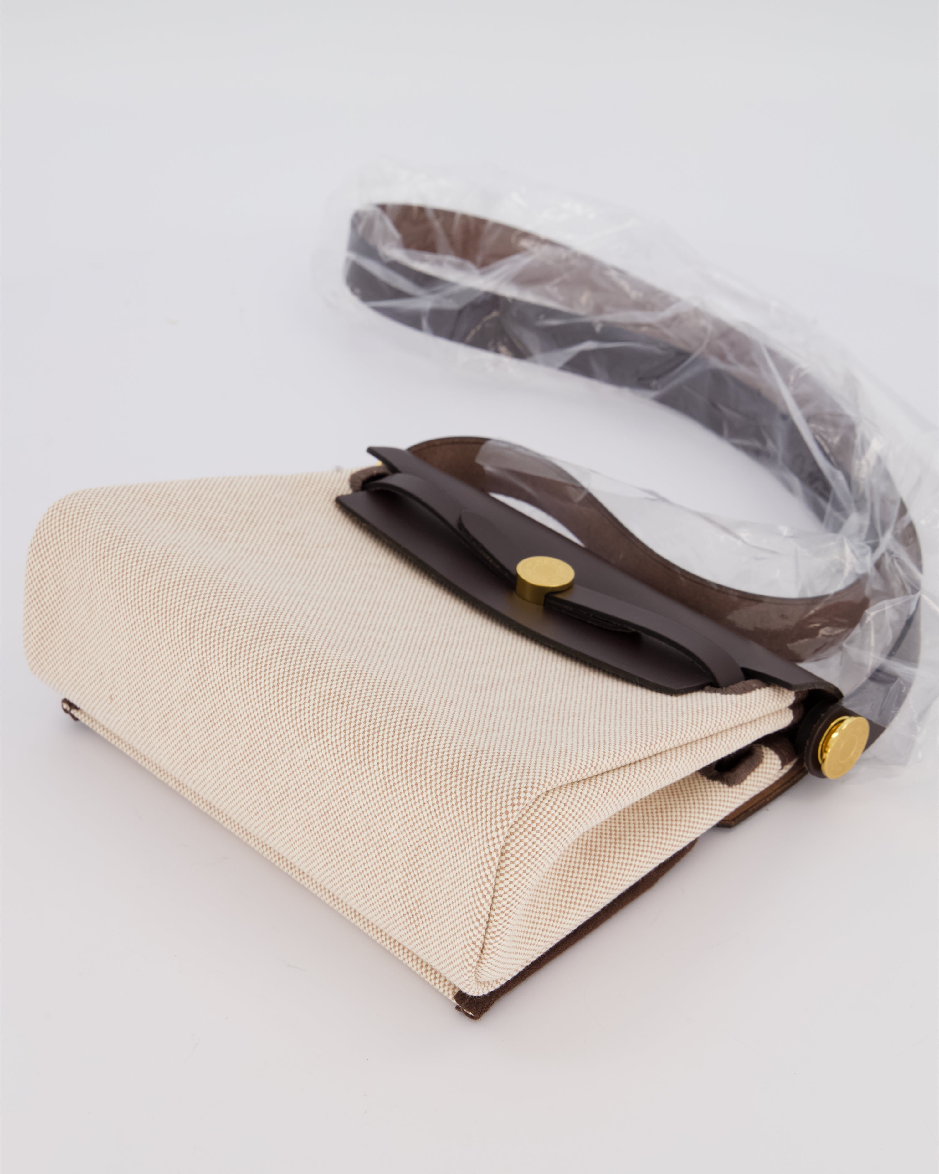 *HOT & RARE* Hermès Mini Herbag Zip 20 Bag in Ebene Vache Hunter Leather & Ecru/Beige Viking Canvas with Gold Hardware