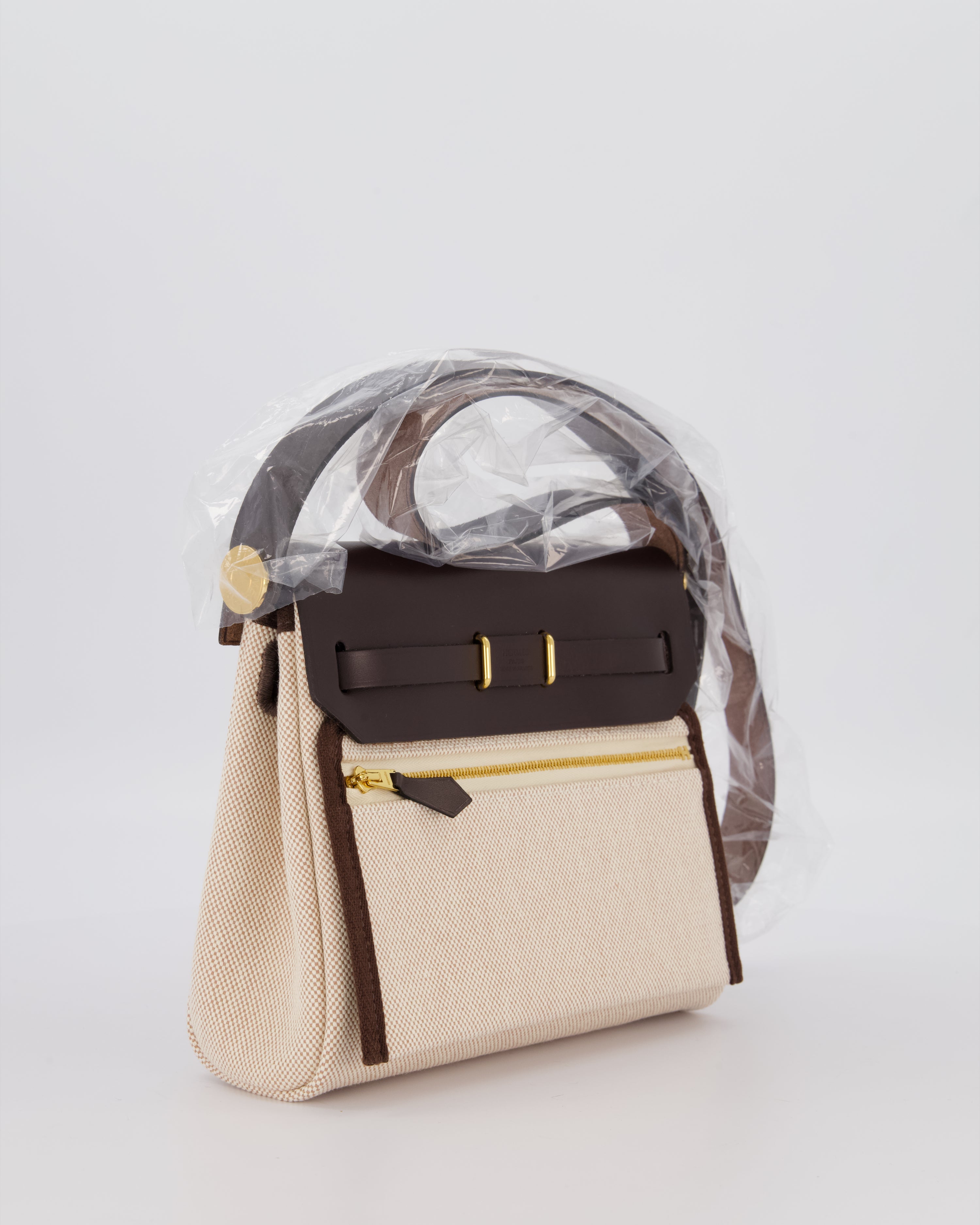 *HOT & RARE* Hermès Mini Herbag Zip 20 Bag in Ebene Vache Hunter Leather & Ecru/Beige Viking Canvas with Gold Hardware