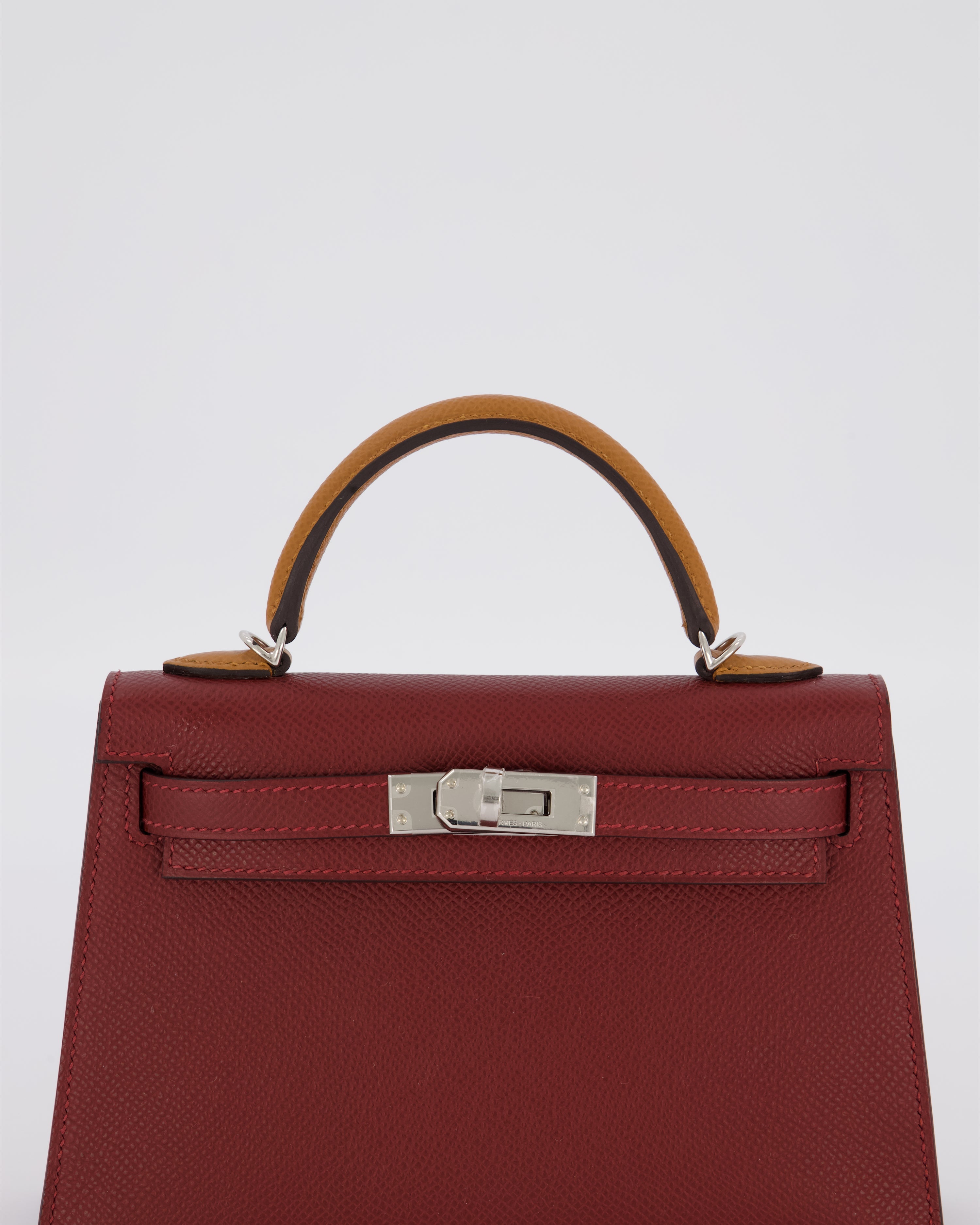 *SUPER RARE* Hermès Mini Kelly II Tricolour 20 Bag In Rouge H, Gold, and Bai Brun Epsom Leather with Palladium Hardware