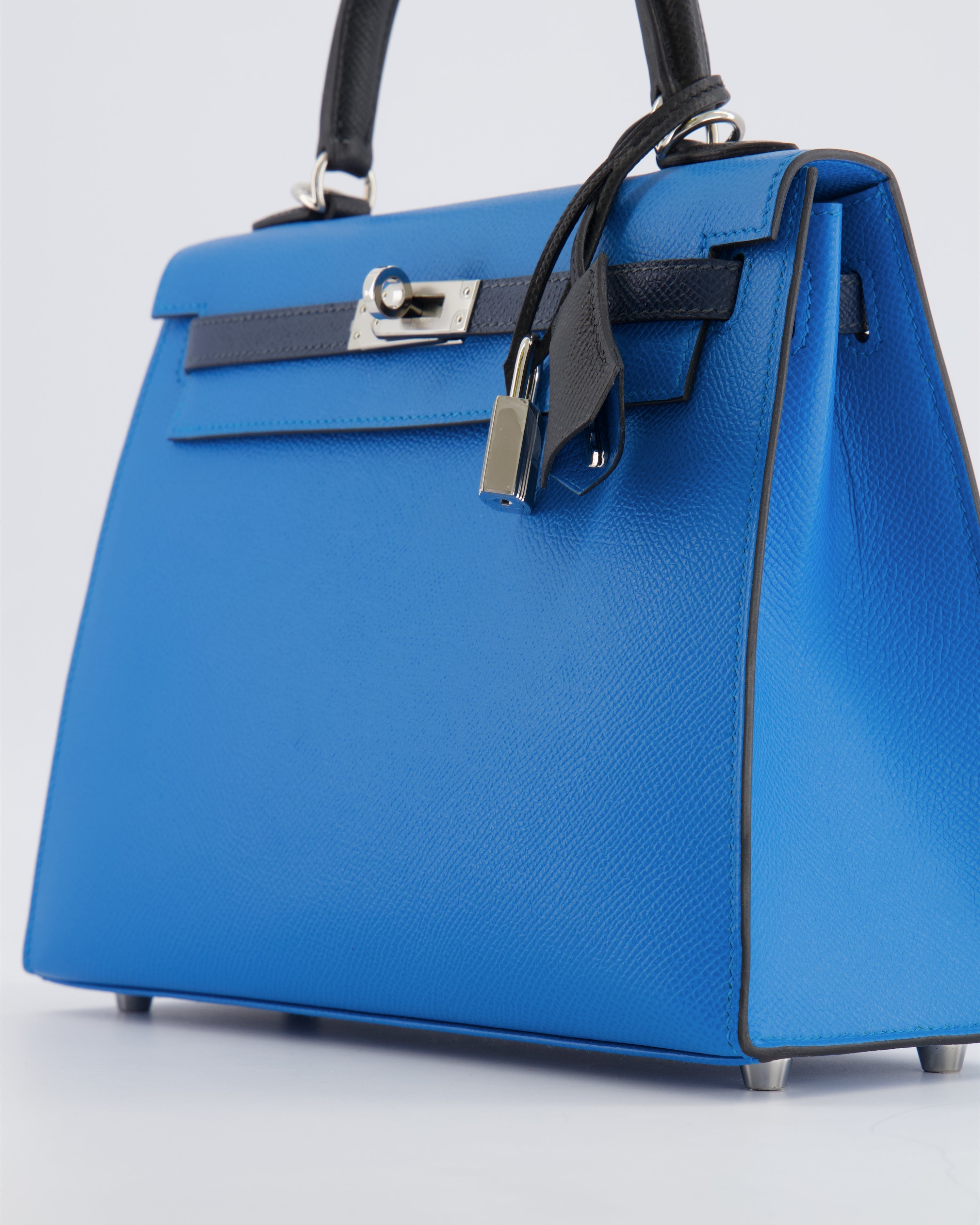 Hermès Kelly II Tricolour 25 Sellier Bag in Bleu Zanzibar, Bleu De Prusse and Noir Epsom Leather with Palladium Hardware