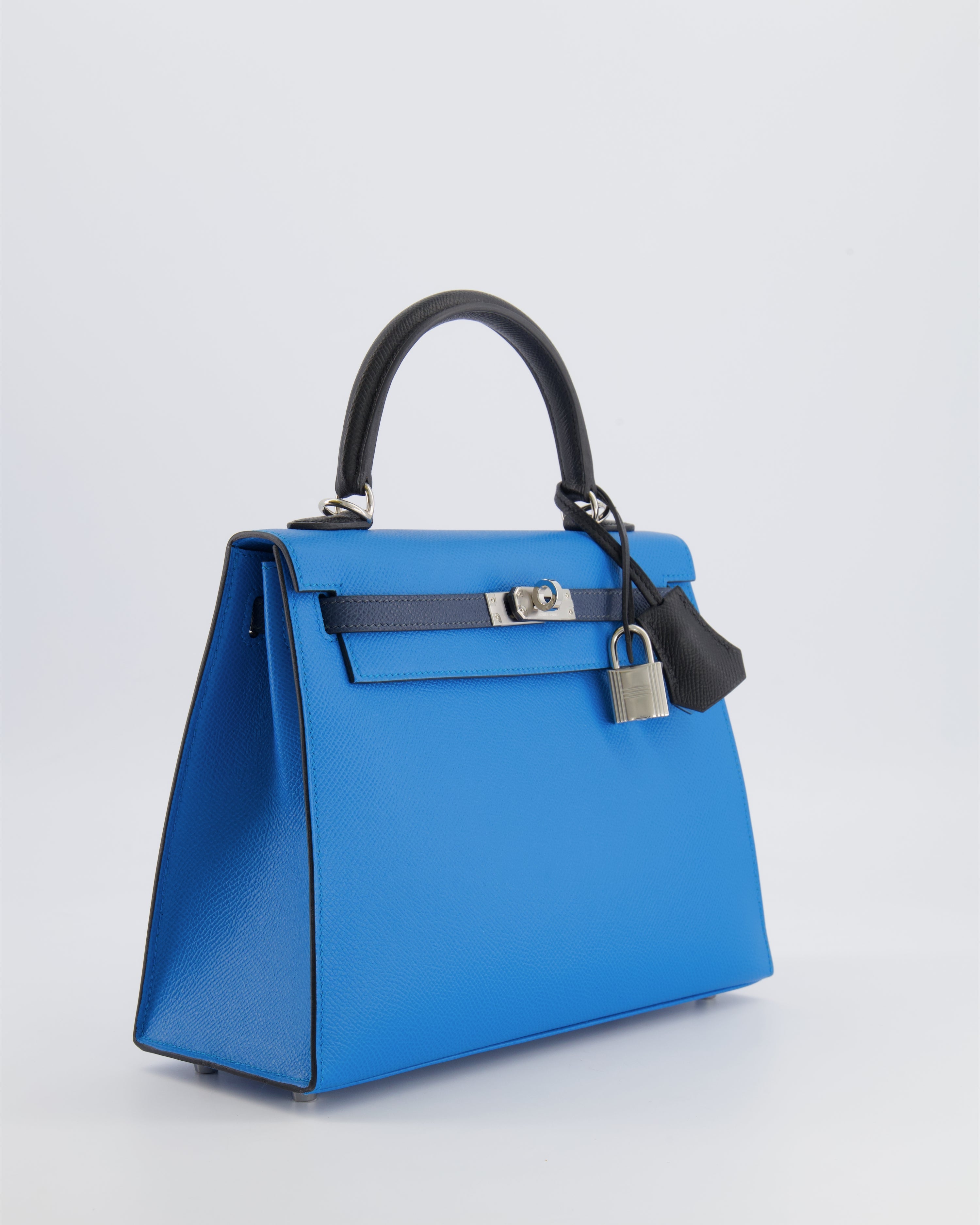 Hermès Kelly II Tricolour 25 Sellier Bag in Bleu Zanzibar, Bleu De Prusse and Noir Epsom Leather with Palladium Hardware