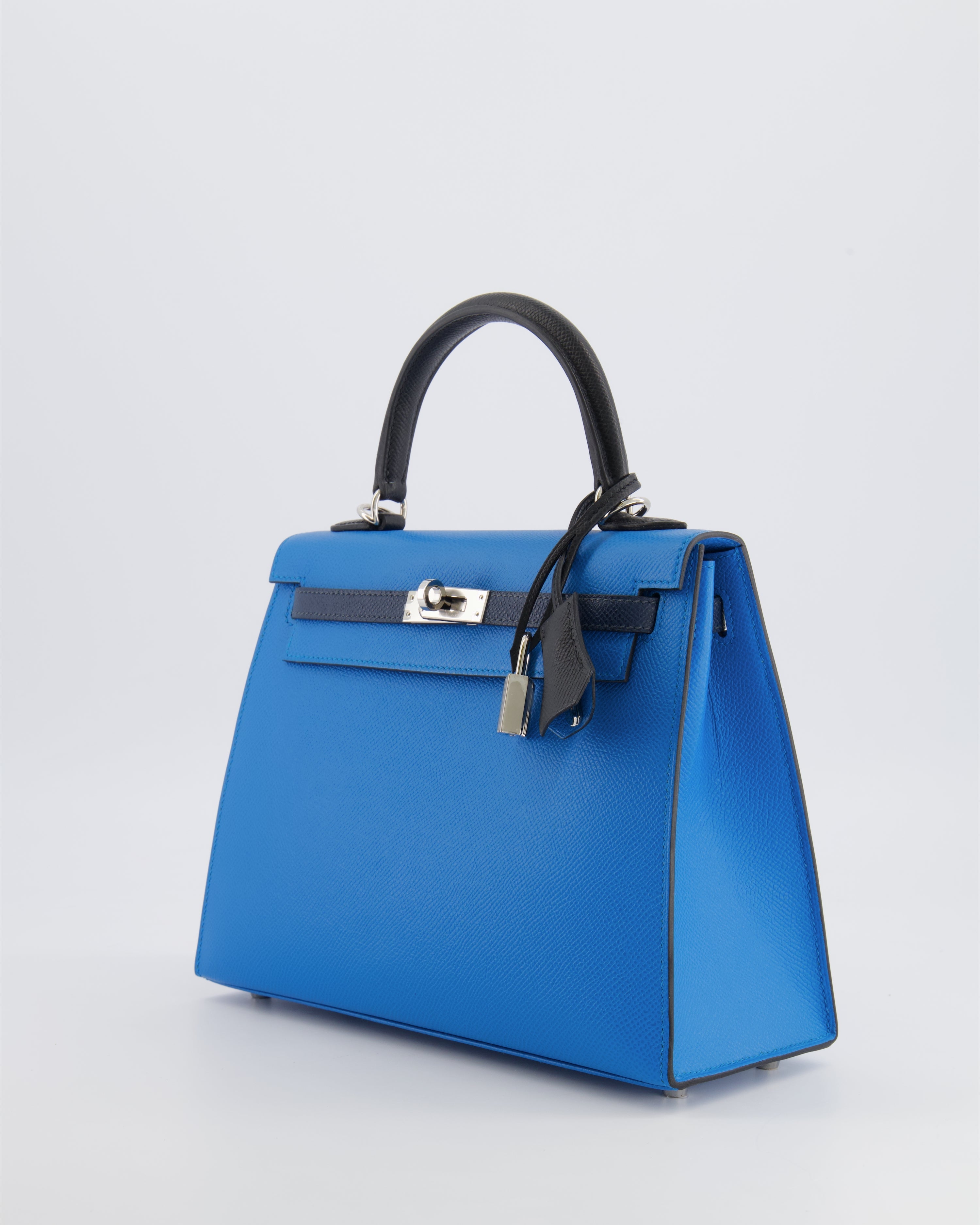Hermès Kelly II Tricolour 25 Sellier Bag in Bleu Zanzibar, Bleu De Prusse and Noir Epsom Leather with Palladium Hardware