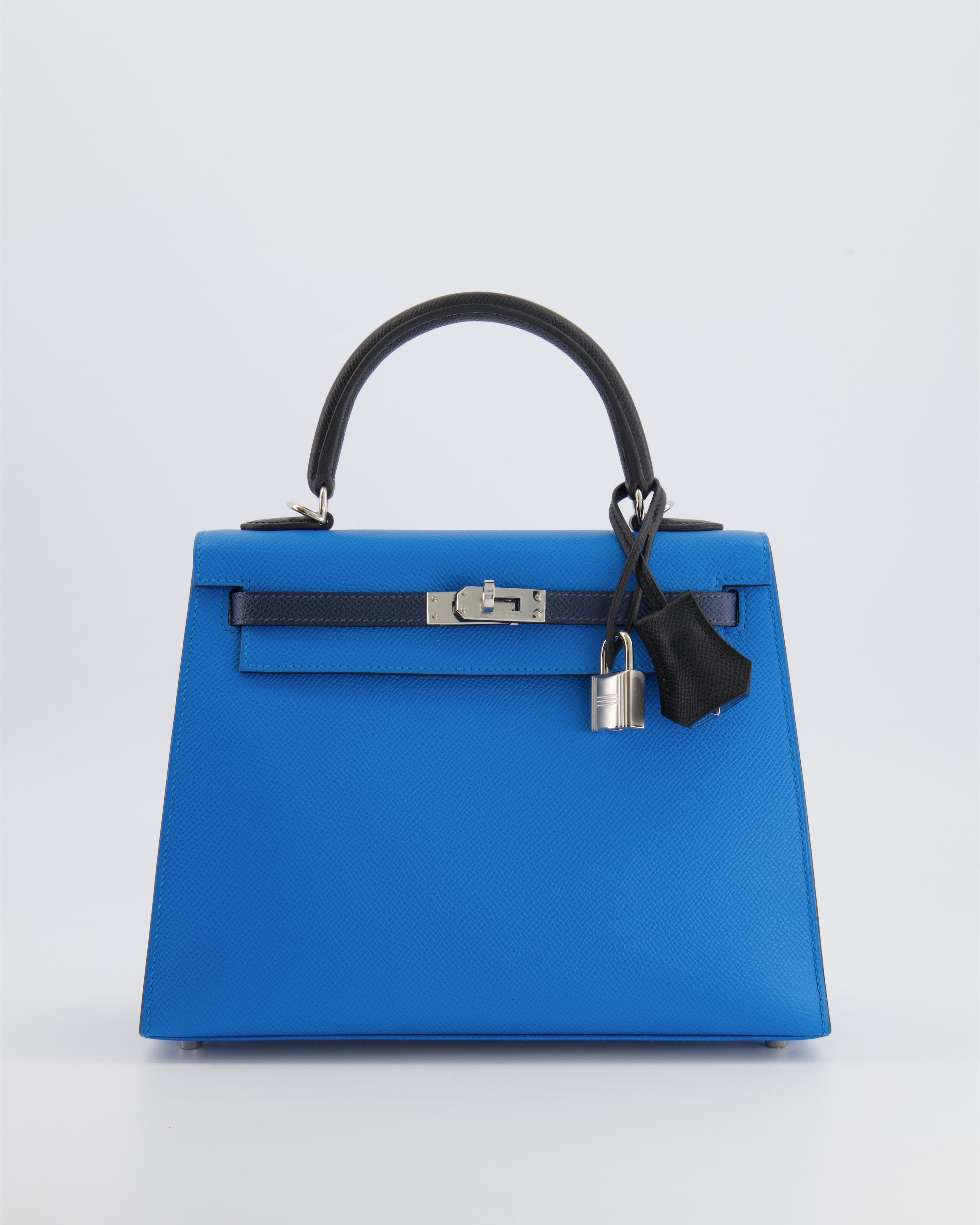 Hermès Kelly II Tricolour 25 Sellier Bag in Bleu Zanzibar, Bleu De Prusse and Noir Epsom Leather with Palladium Hardware