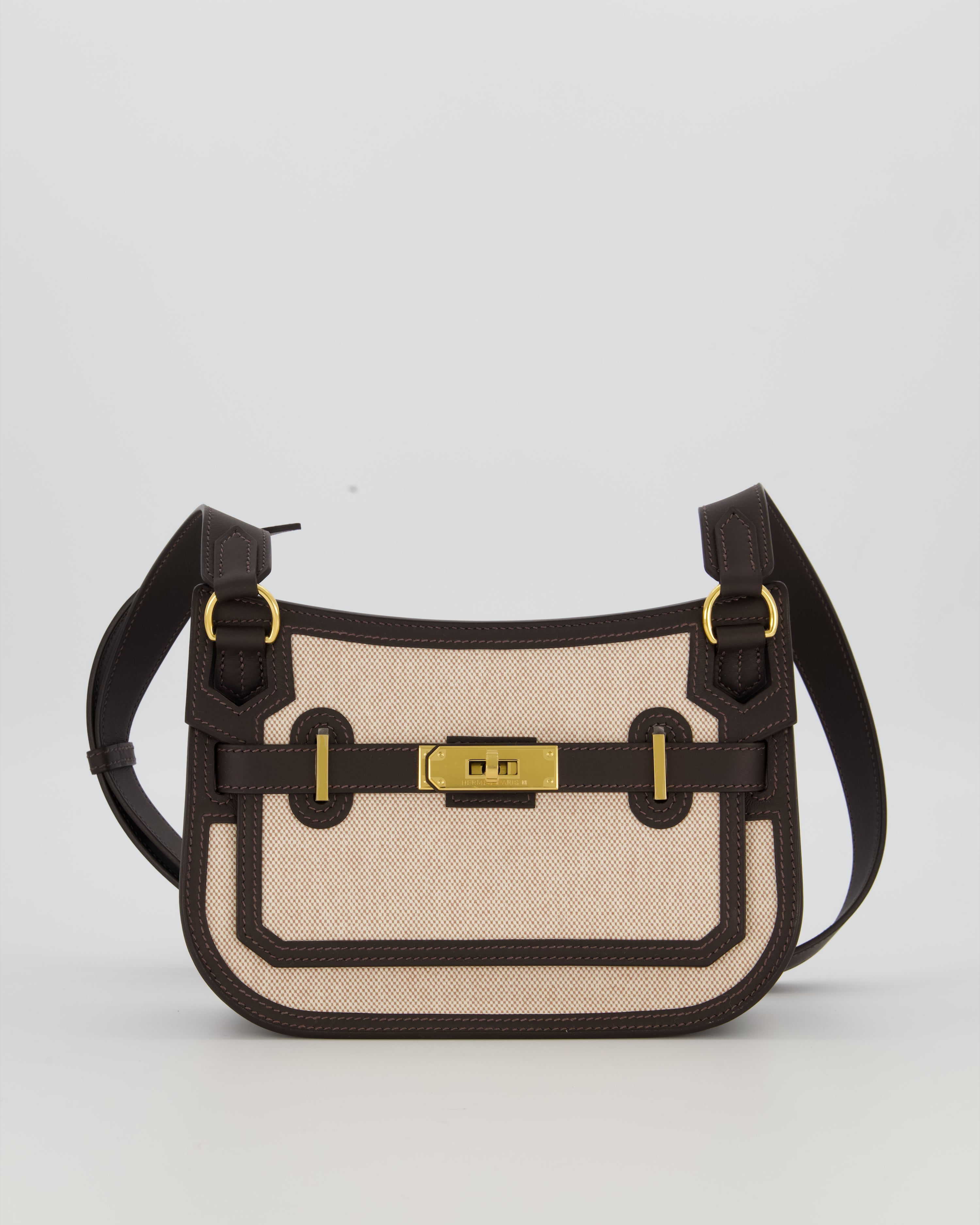 Hermès Mini Jypsiere Crossbody Bag in Bai Brun Swift Leather and Cream Canvas with Gold Hardware
