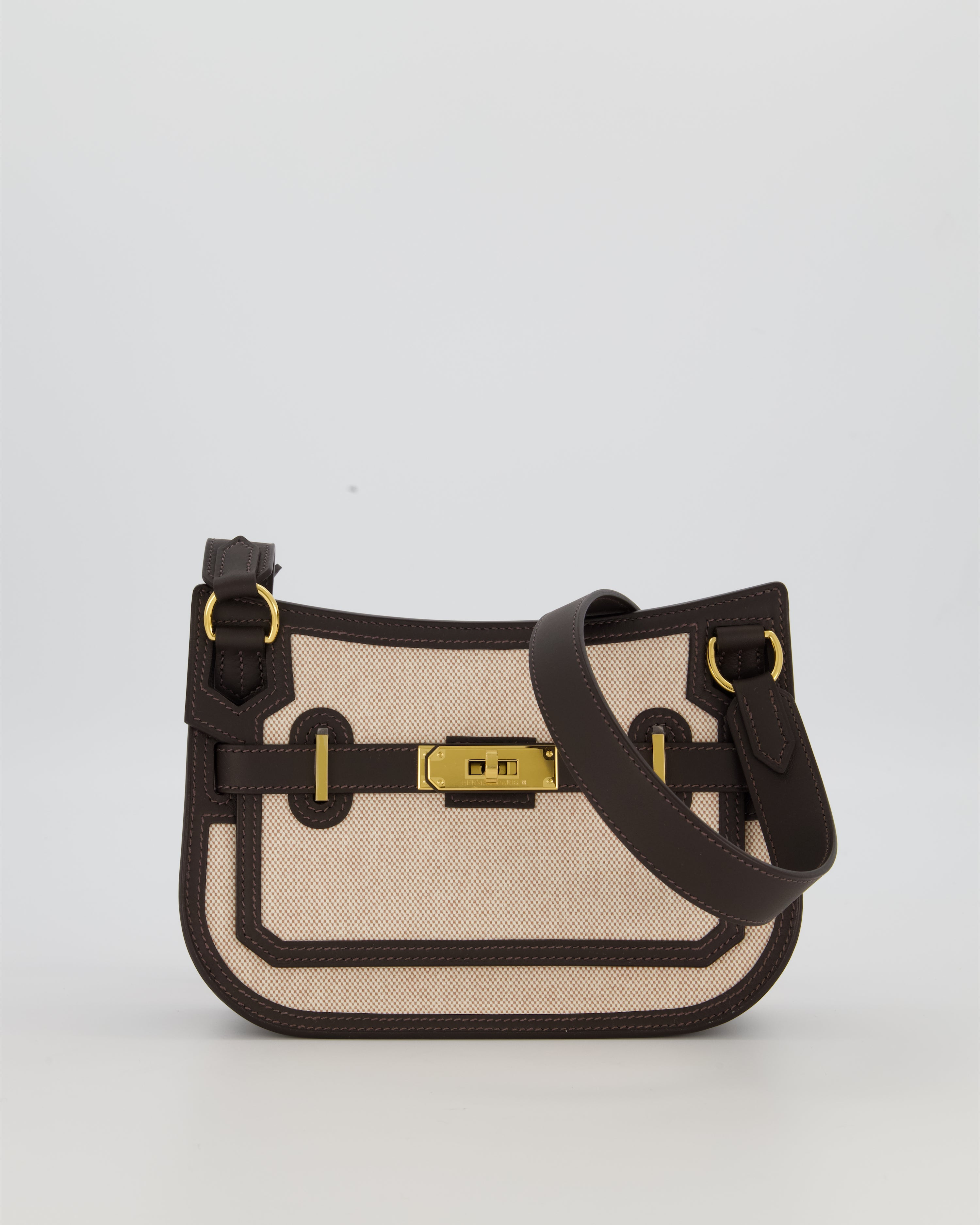 Hermès Mini Jypsiere Crossbody Bag in Bai Brun Swift Leather and Cream Canvas with Gold Hardware