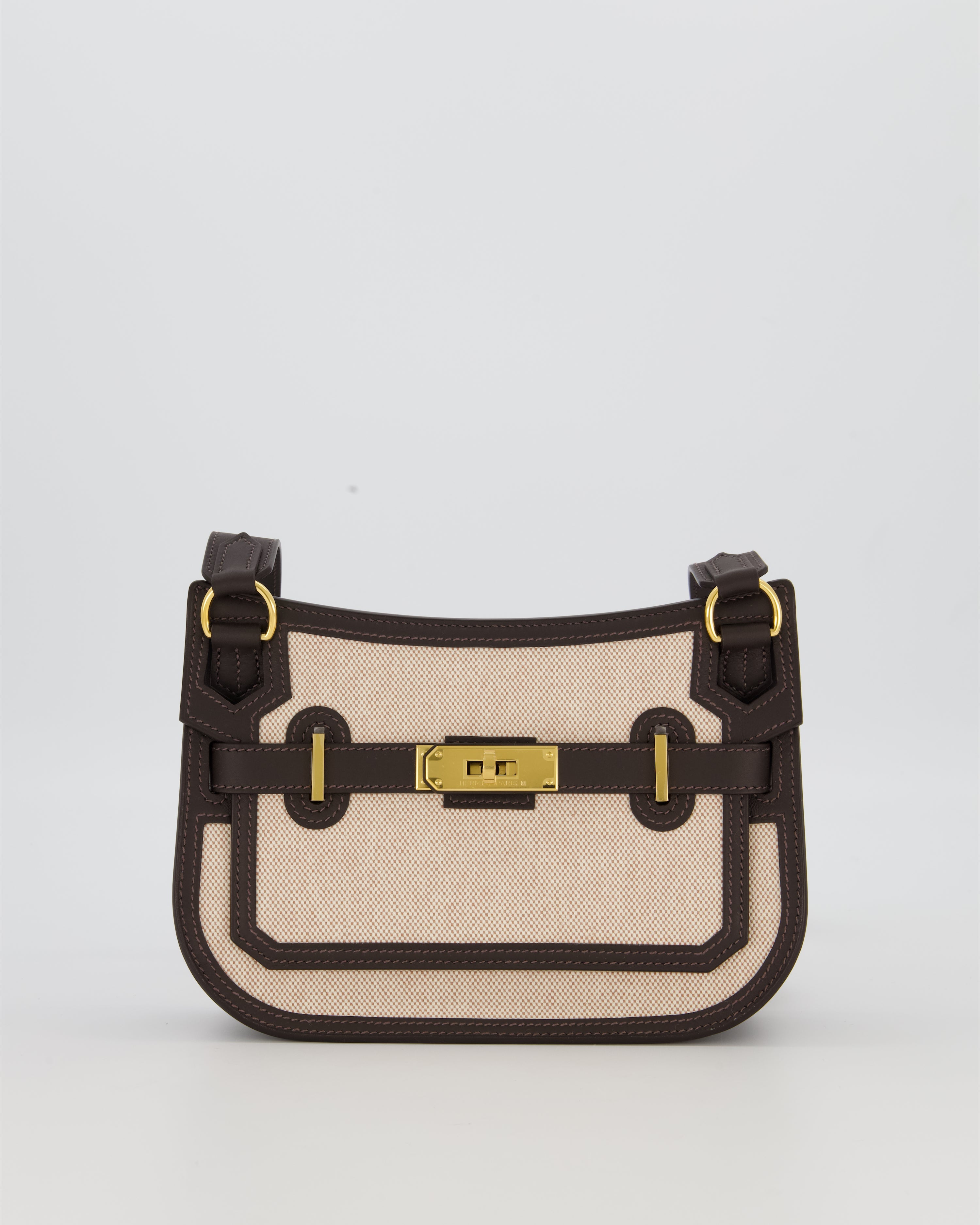 Hermès Mini Jypsiere Crossbody Bag in Bai Brun Swift Leather and Cream Canvas with Gold Hardware
