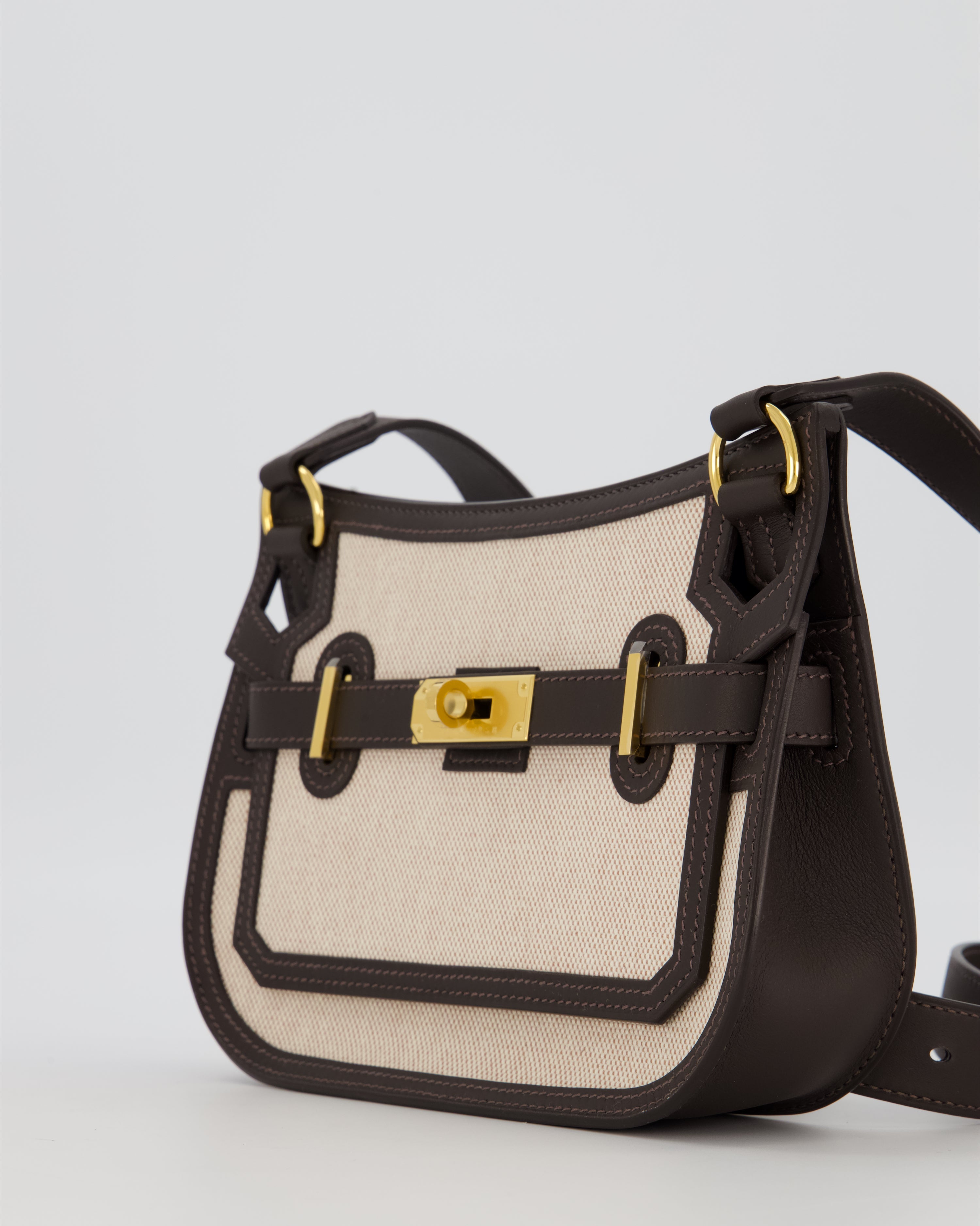 Hermès Mini Jypsiere Crossbody Bag in Bai Brun Swift Leather and Cream Canvas with Gold Hardware