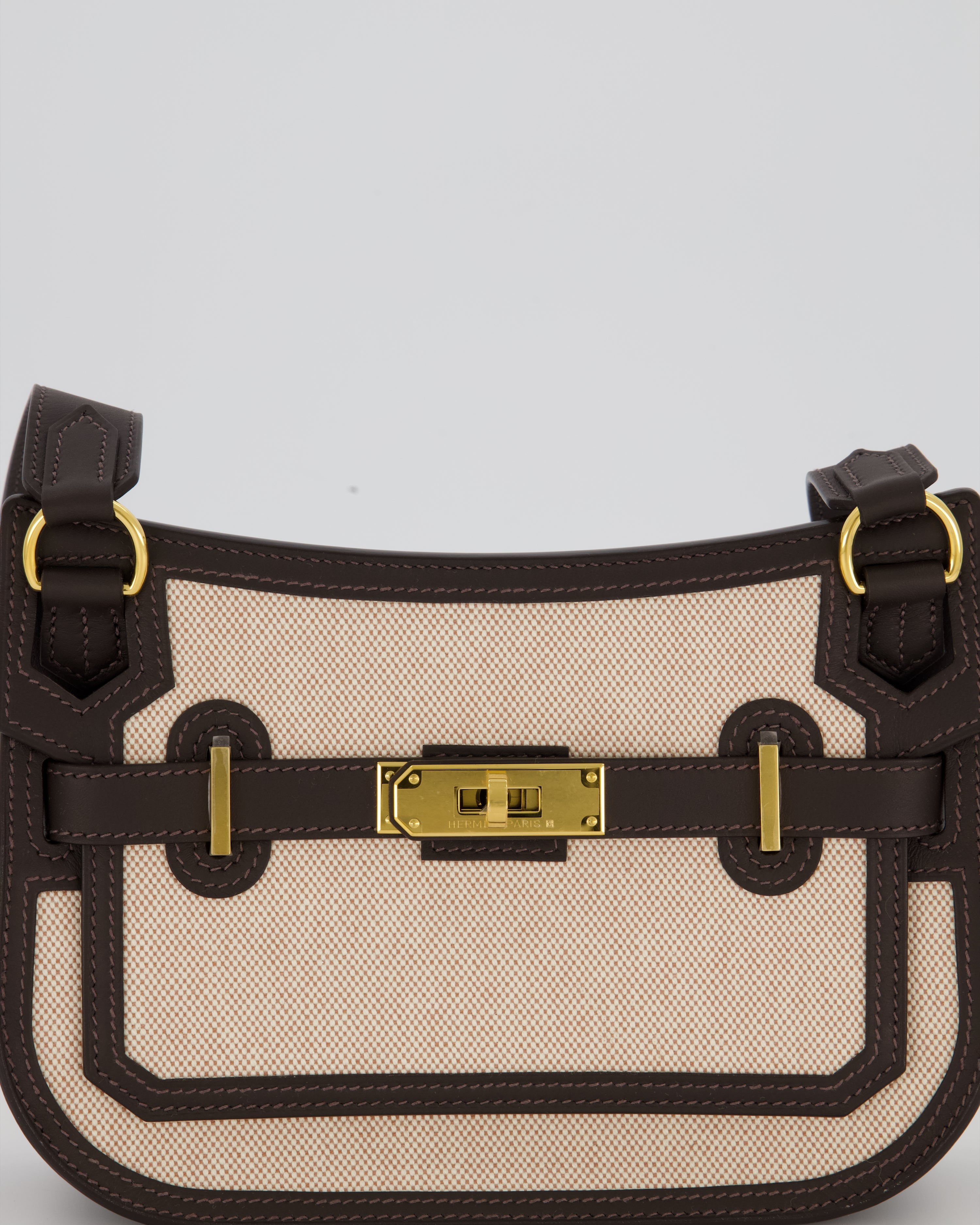 Hermès Mini Jypsiere Crossbody Bag in Bai Brun Swift Leather and Cream Canvas with Gold Hardware