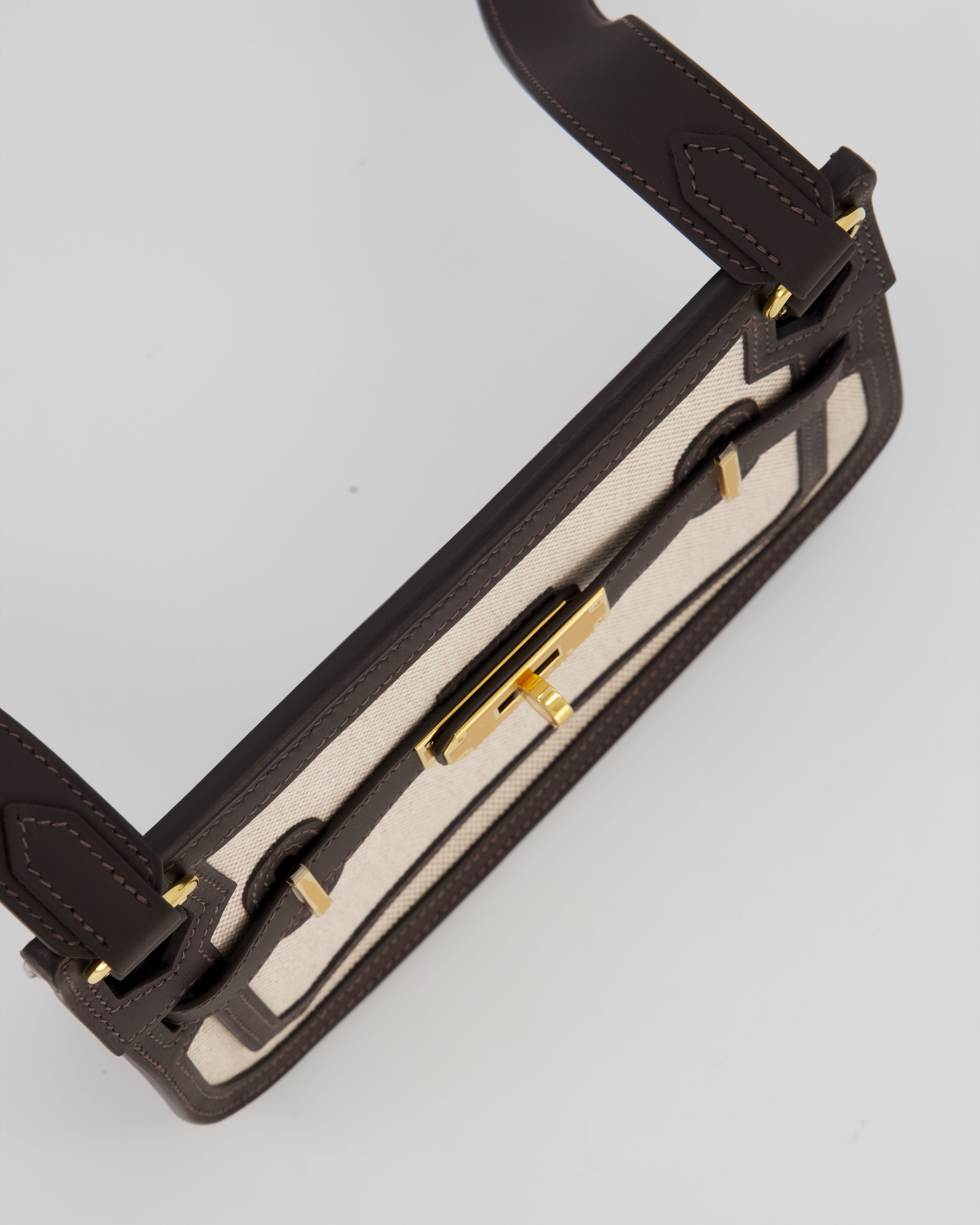 Hermès Mini Jypsiere Crossbody Bag in Bai Brun Swift Leather and Cream Canvas with Gold Hardware
