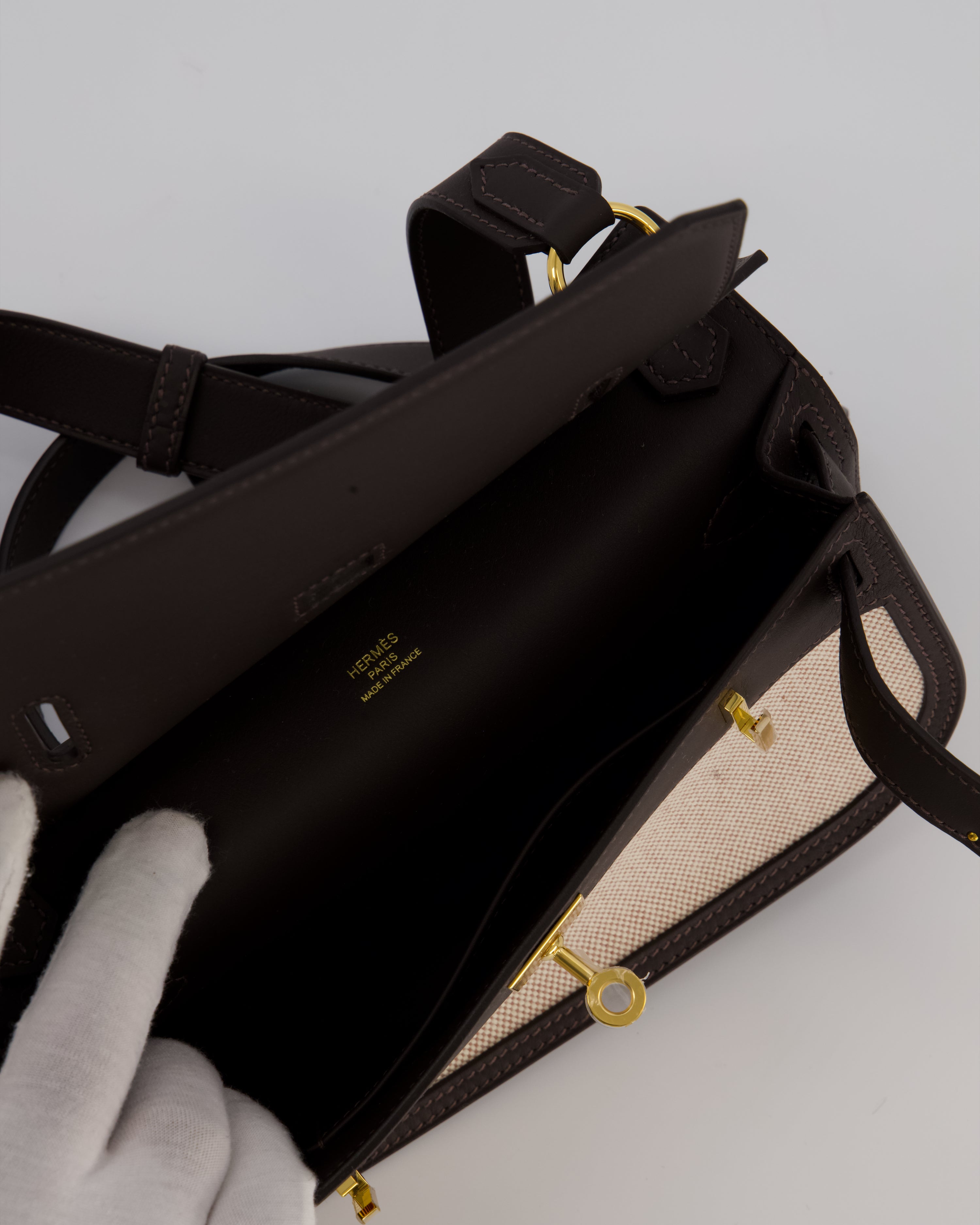 Hermès Mini Jypsiere Crossbody Bag in Bai Brun Swift Leather and Cream Canvas with Gold Hardware