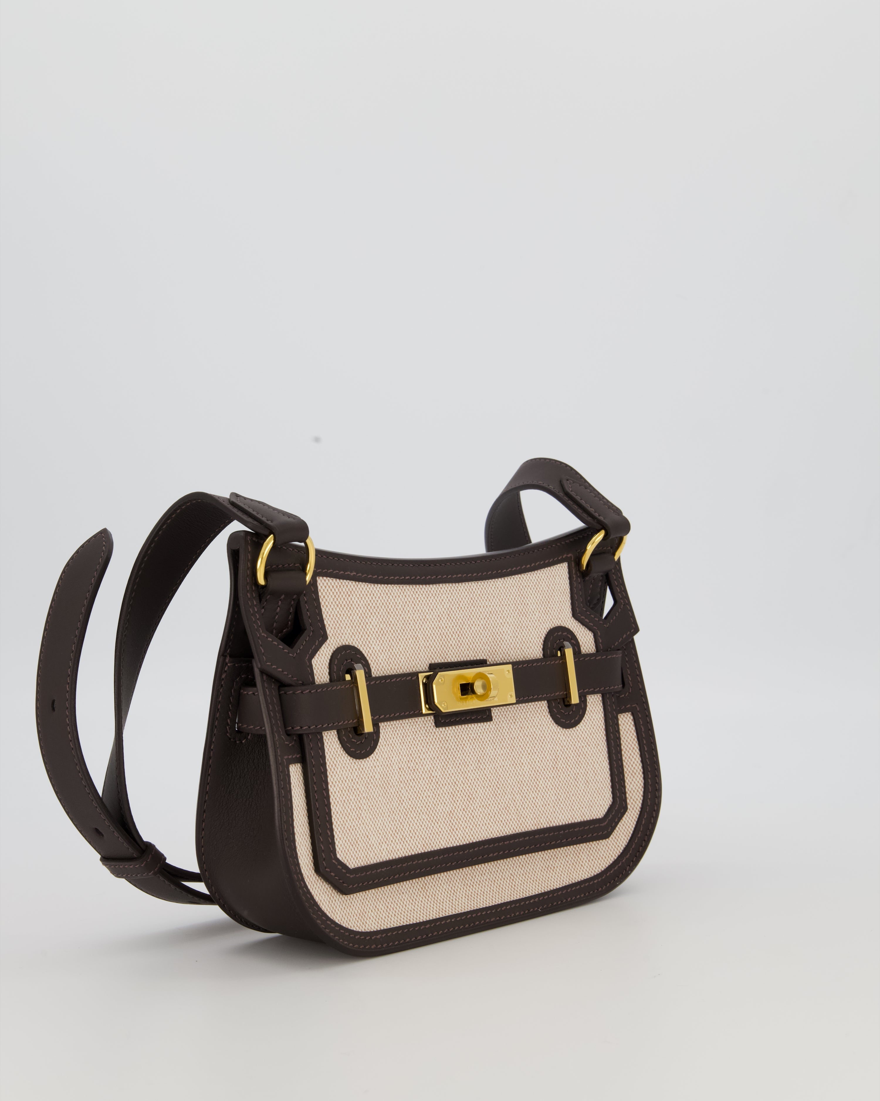 Hermès Mini Jypsiere Crossbody Bag in Bai Brun Swift Leather and Cream Canvas with Gold Hardware