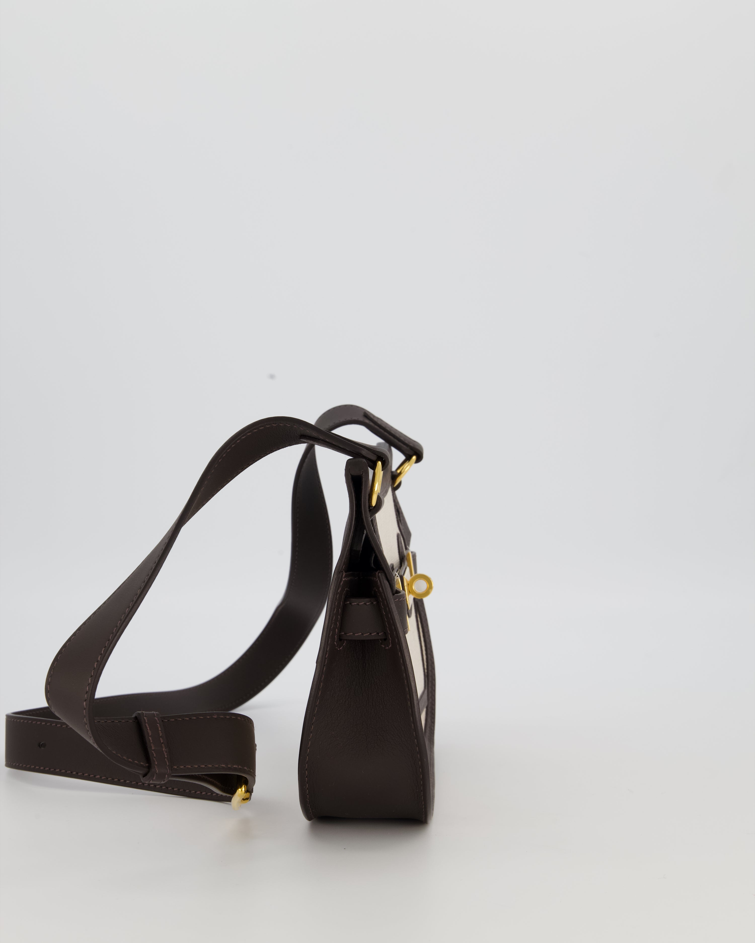 Hermès Mini Jypsiere Crossbody Bag in Bai Brun Swift Leather and Cream Canvas with Gold Hardware