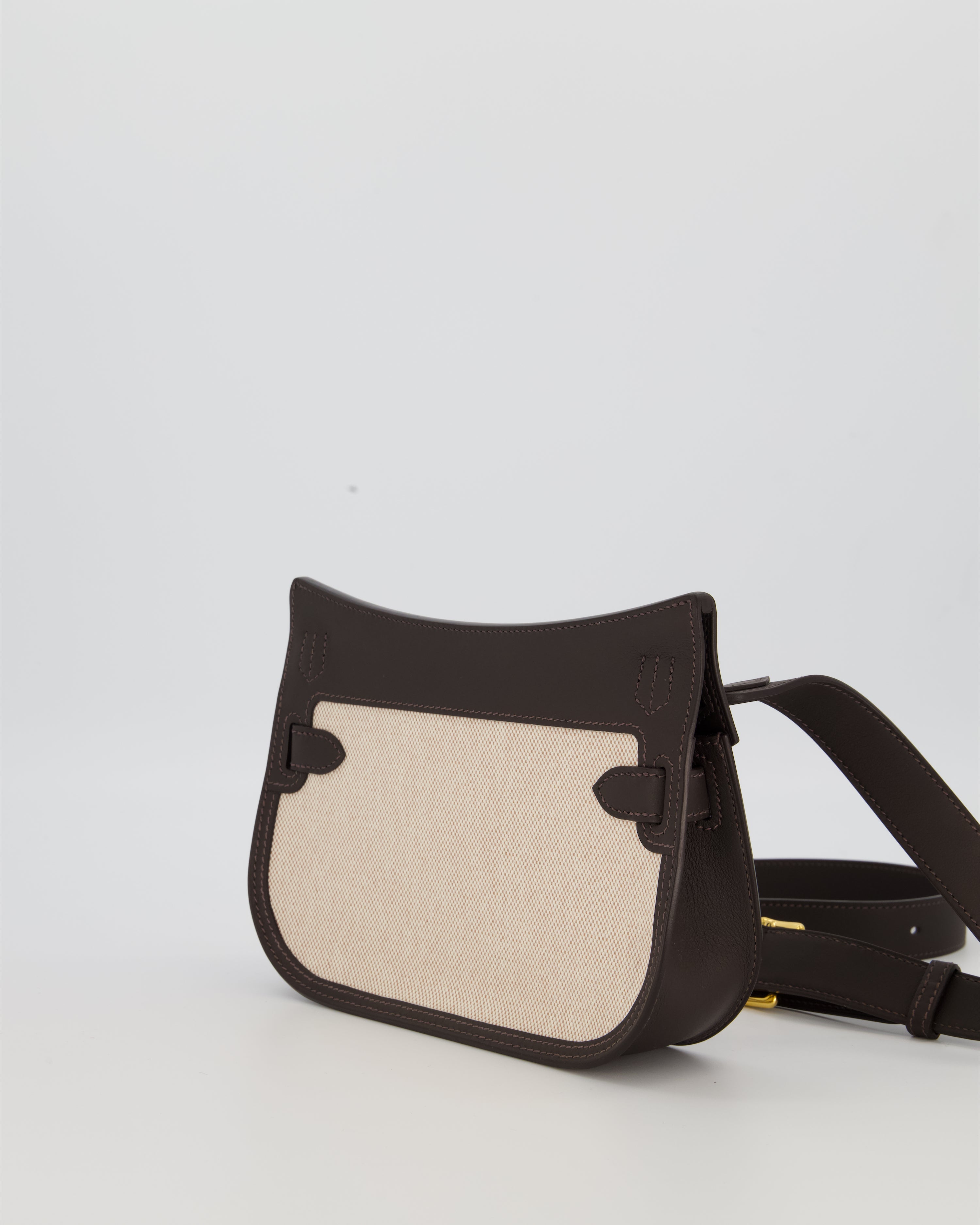 Hermès Mini Jypsiere Crossbody Bag in Bai Brun Swift Leather and Cream Canvas with Gold Hardware