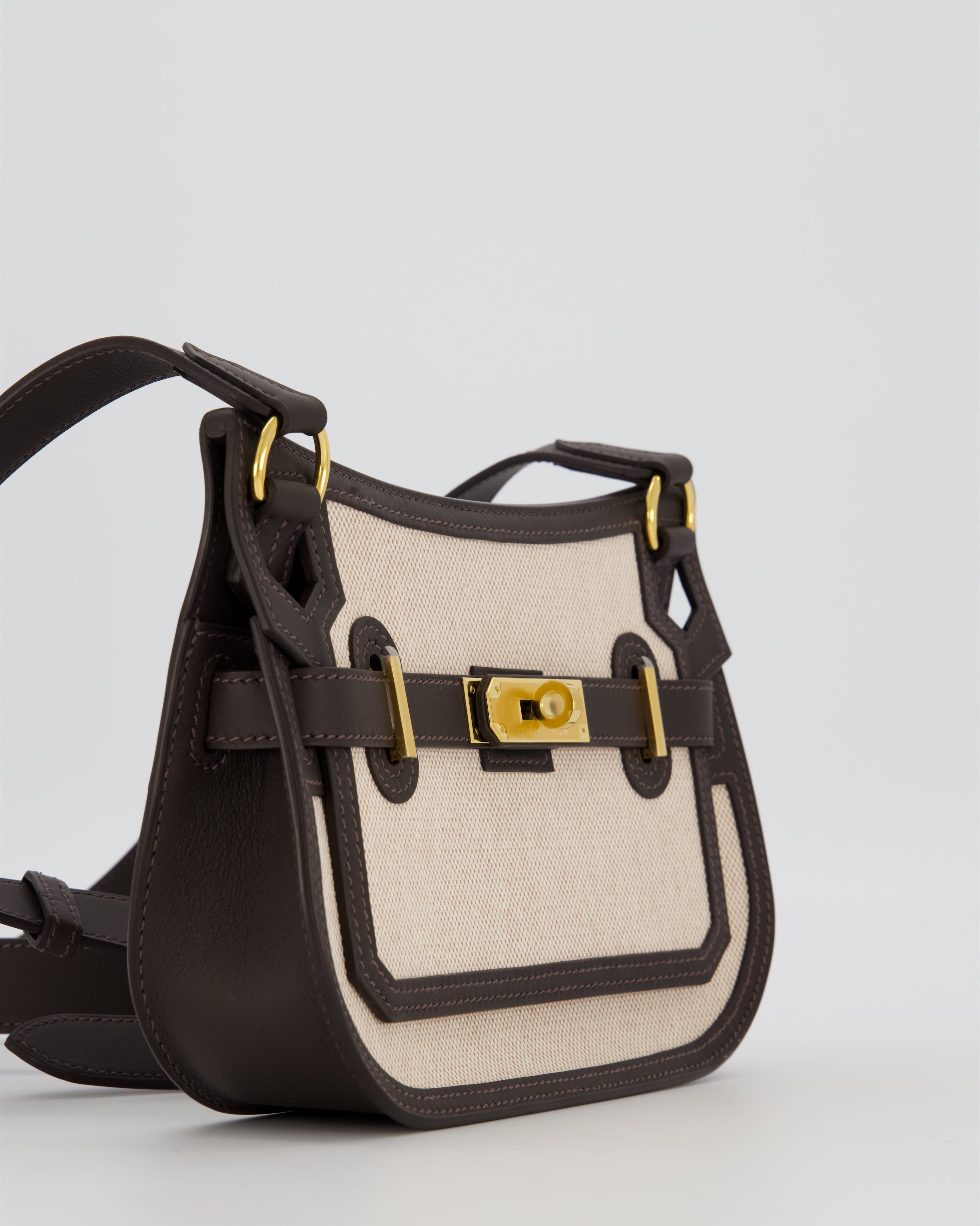 Hermès Mini Jypsiere Crossbody Bag in Bai Brun Swift Leather and Cream Canvas with Gold Hardware