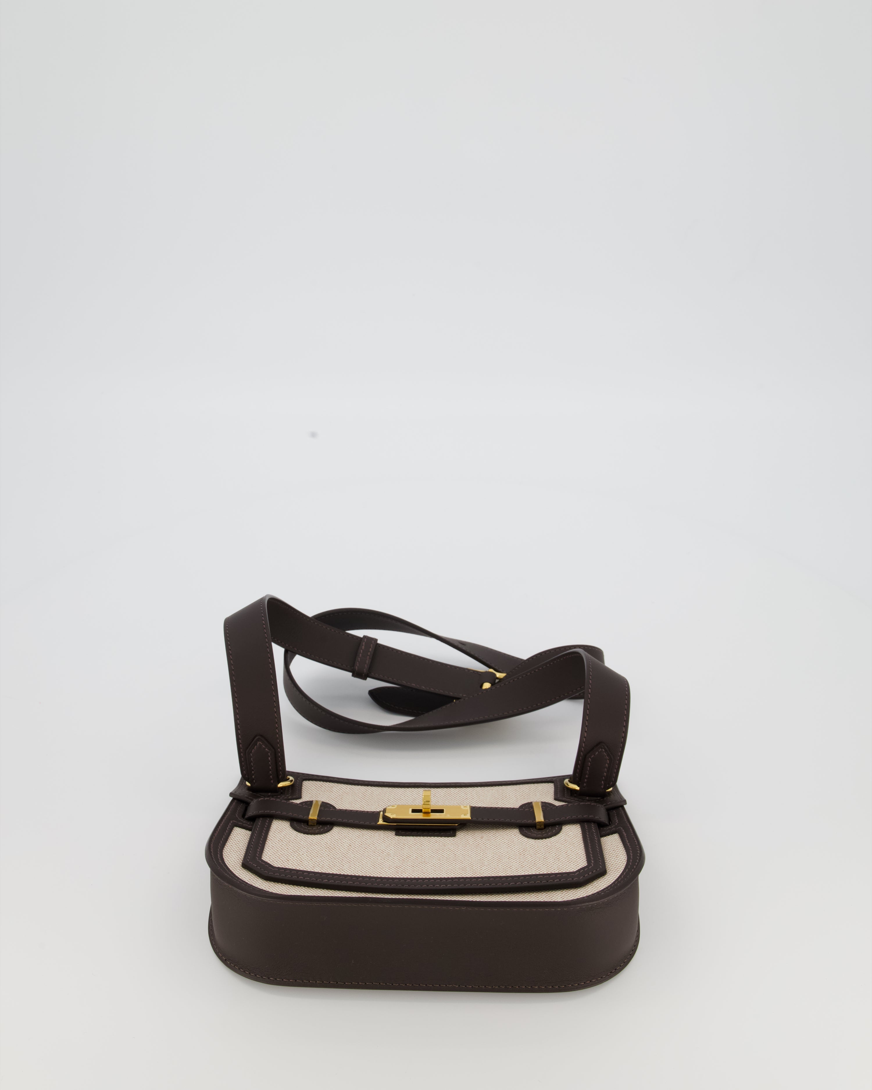 Hermès Mini Jypsiere Crossbody Bag in Bai Brun Swift Leather and Cream Canvas with Gold Hardware