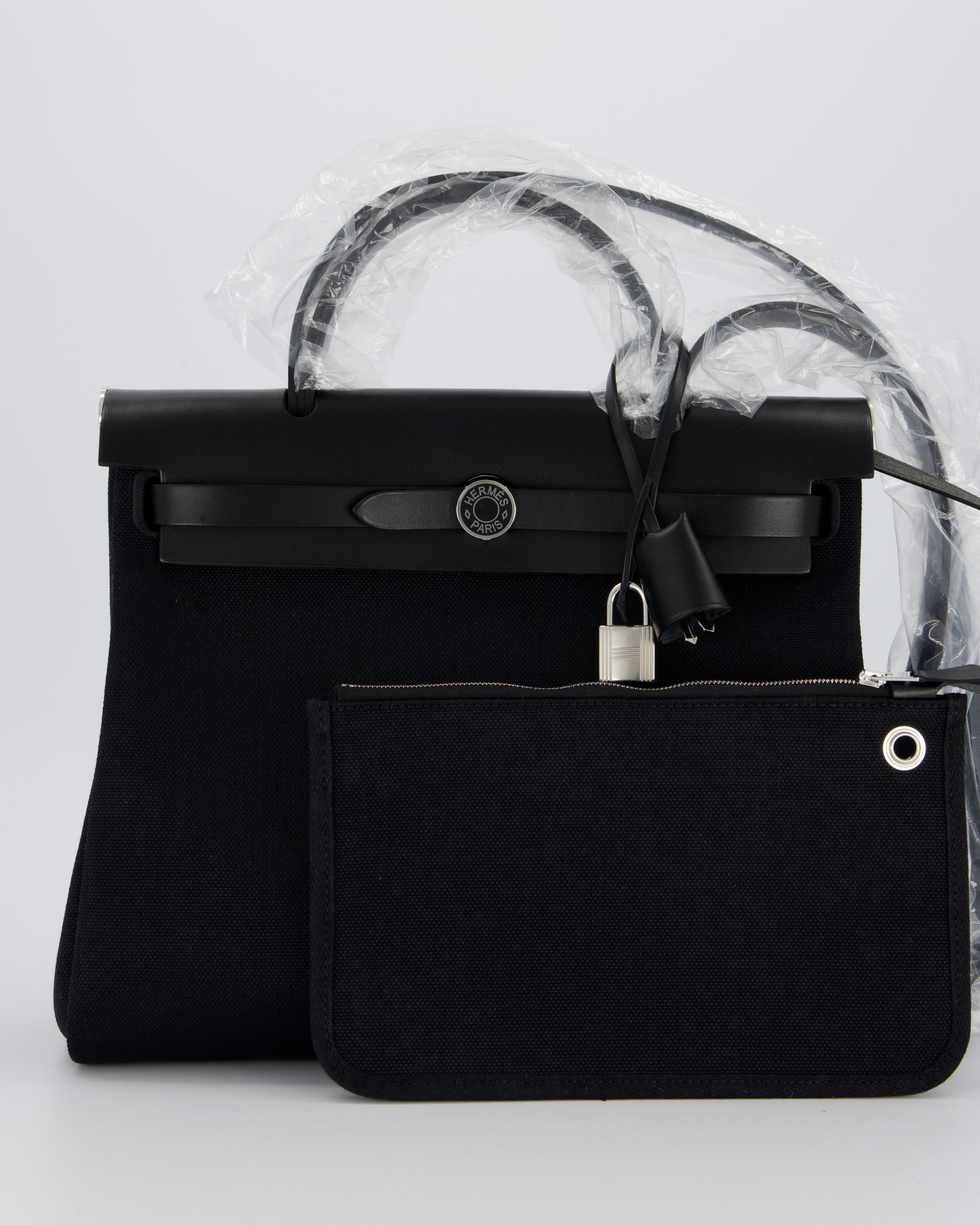 *HOT & RARE* Hermès Herbag 31 Laque Zip Bag in Noir Toile Militaire Canvas, Noir Vache Hunter Leather with Palladium & Noir Hardware