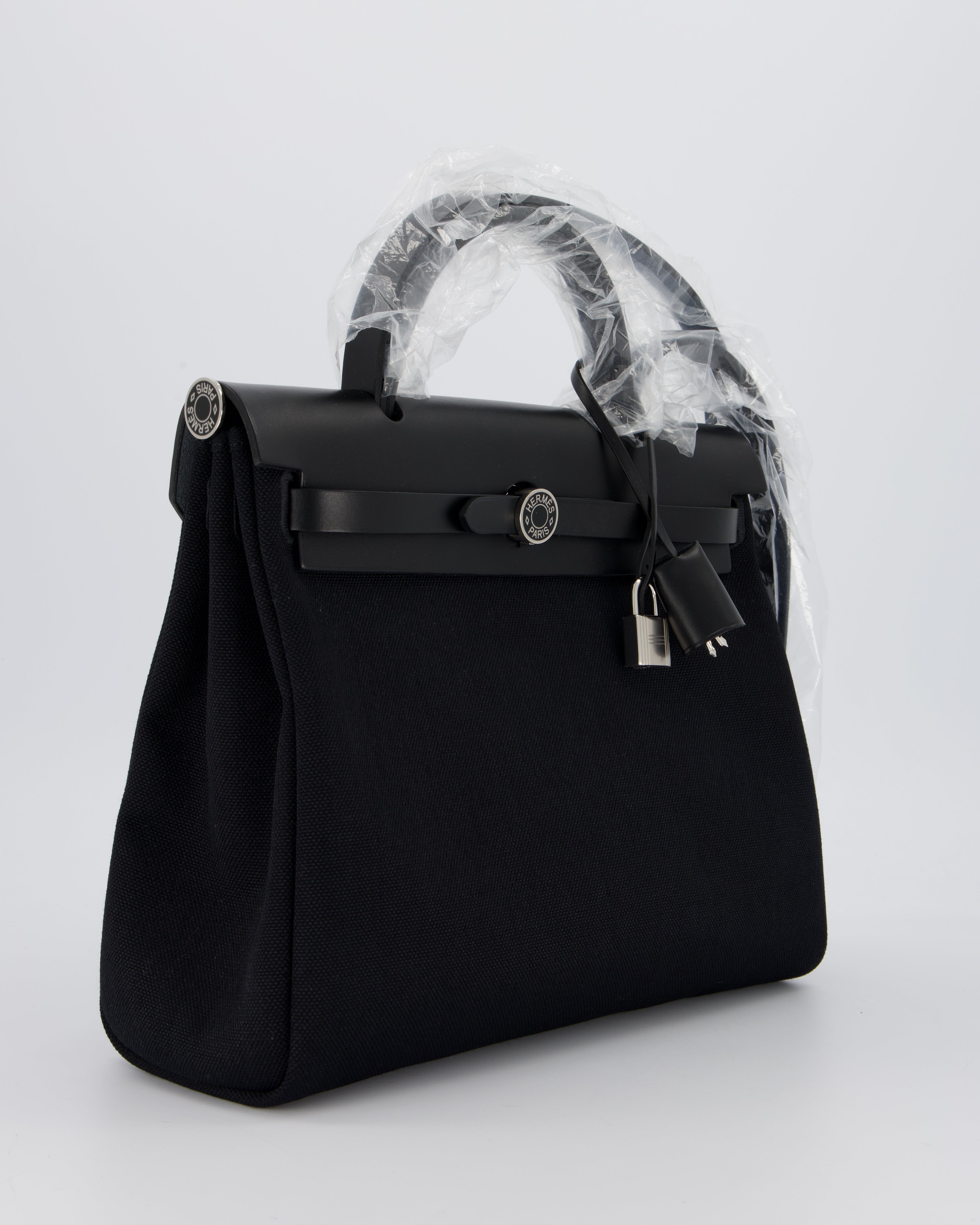 *HOT & RARE* Hermès Herbag 31 Laque Zip Bag in Noir Toile Militaire Canvas, Noir Vache Hunter Leather with Palladium & Noir Hardware