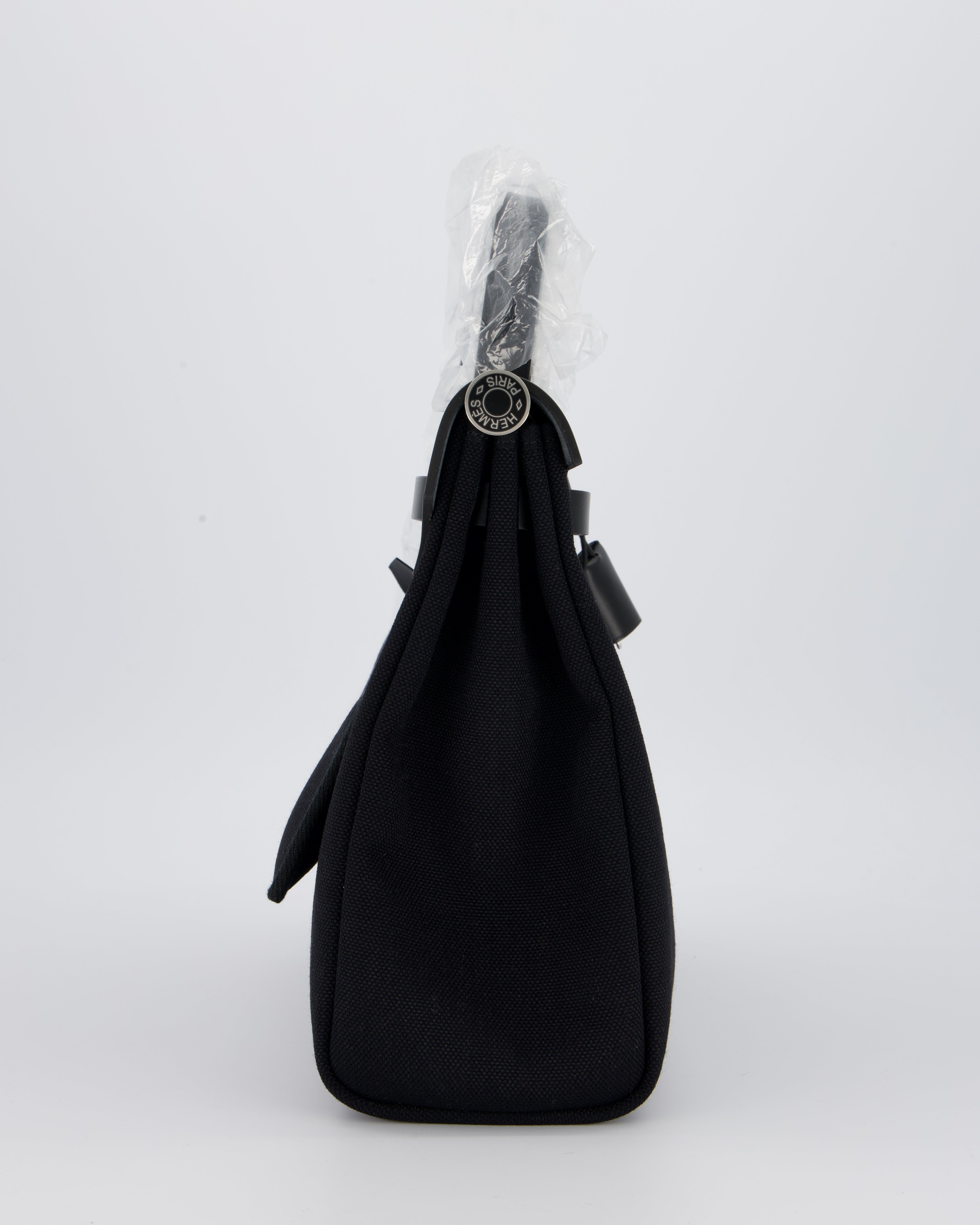 *HOT & RARE* Hermès Herbag 31 Laque Zip Bag in Noir Toile Militaire Canvas, Noir Vache Hunter Leather with Palladium & Noir Hardware