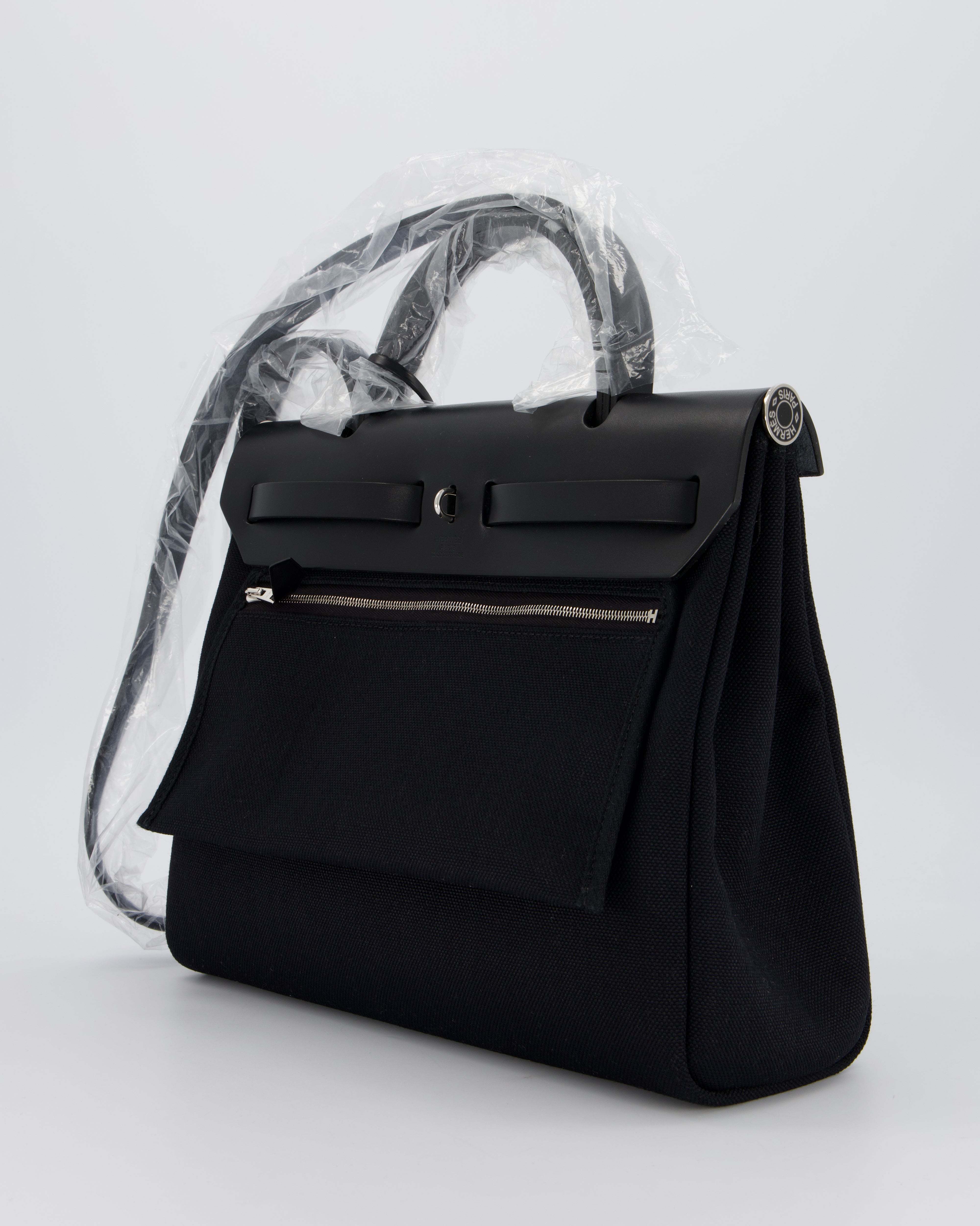 *HOT & RARE* Hermès Herbag 31 Laque Zip Bag in Noir Toile Militaire Canvas, Noir Vache Hunter Leather with Palladium & Noir Hardware