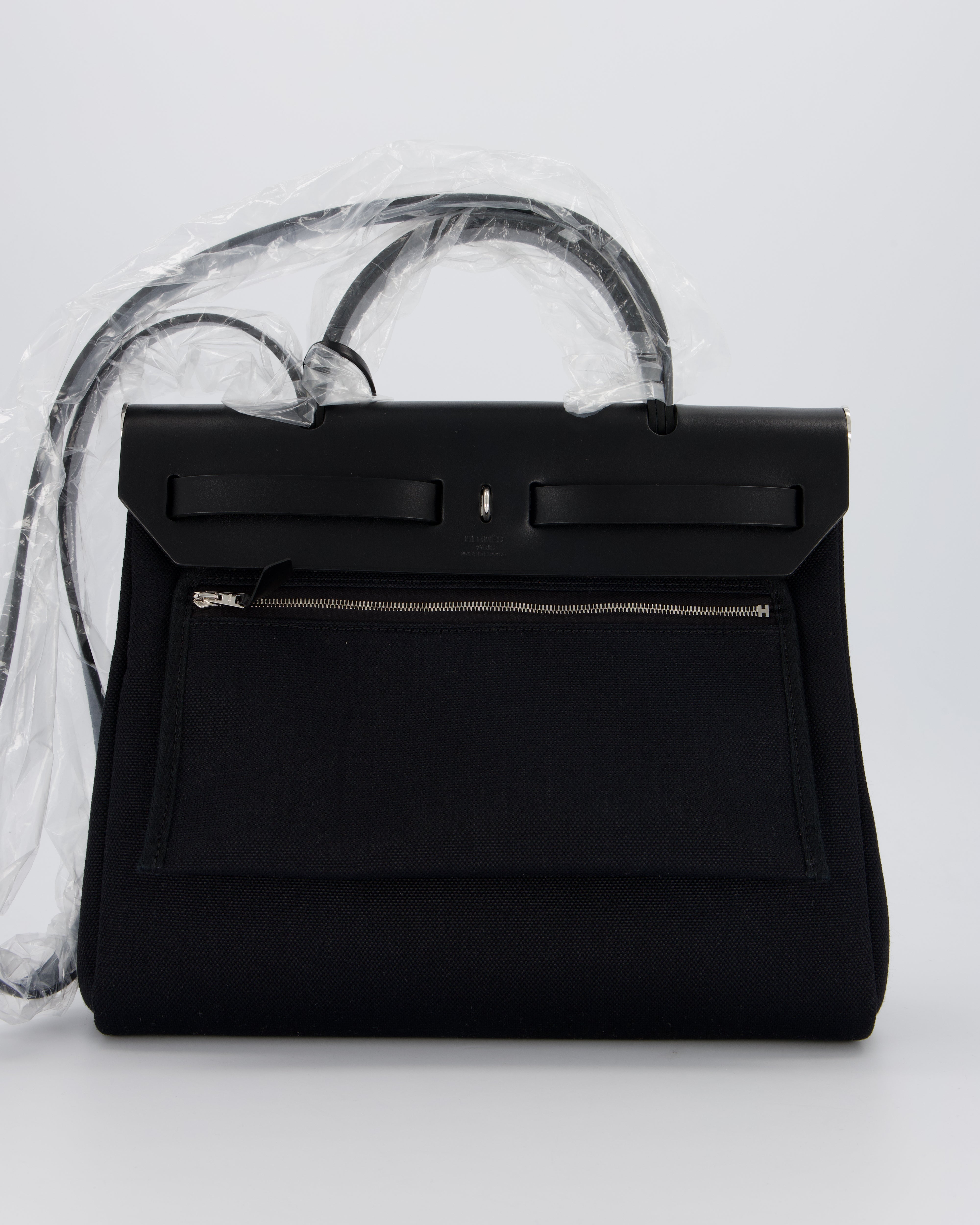 *HOT & RARE* Hermès Herbag 31 Laque Zip Bag in Noir Toile Militaire Canvas, Noir Vache Hunter Leather with Palladium & Noir Hardware