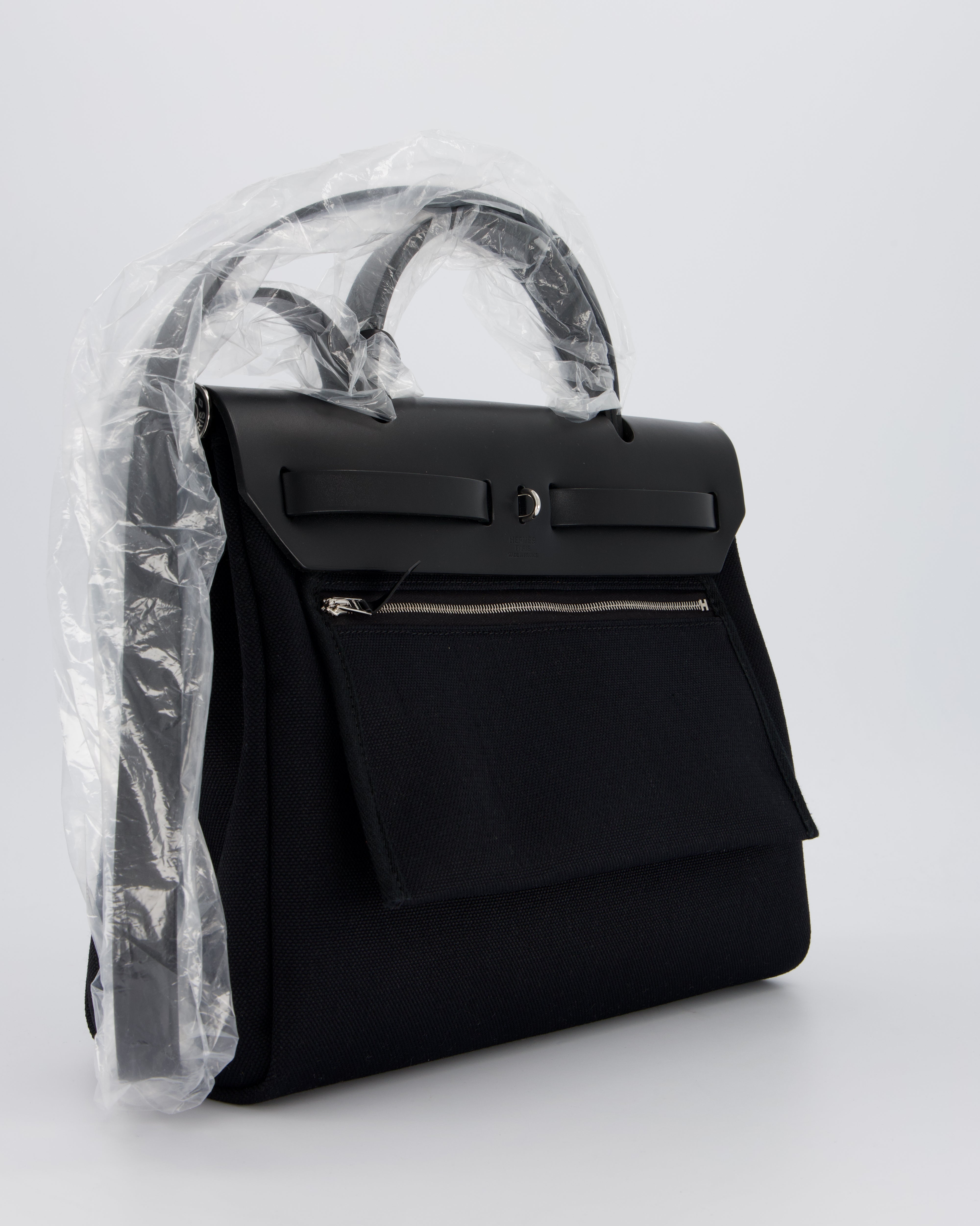 *HOT & RARE* Hermès Herbag 31 Laque Zip Bag in Noir Toile Militaire Canvas, Noir Vache Hunter Leather with Palladium & Noir Hardware