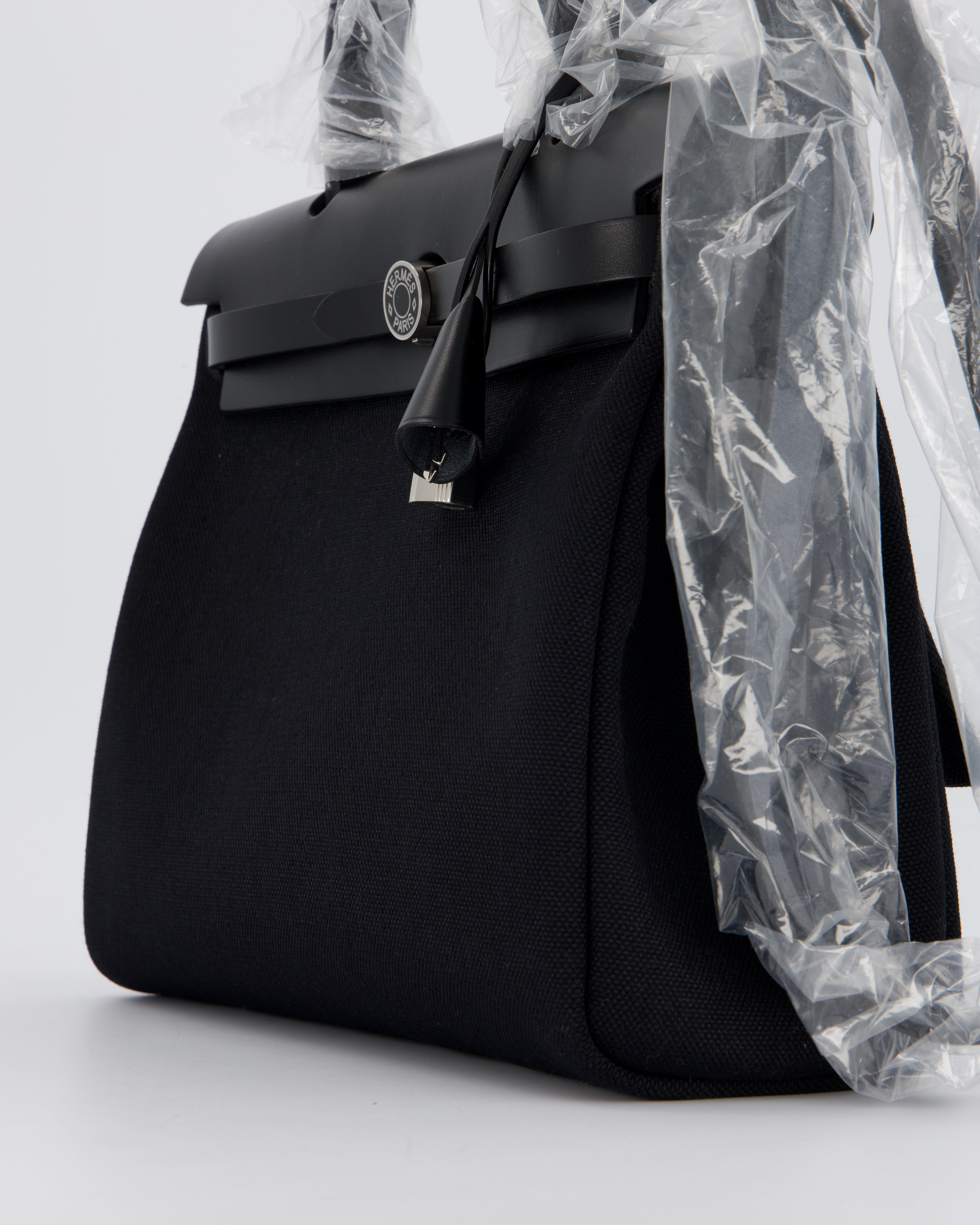 *HOT & RARE* Hermès Herbag 31 Laque Zip Bag in Noir Toile Militaire Canvas, Noir Vache Hunter Leather with Palladium & Noir Hardware