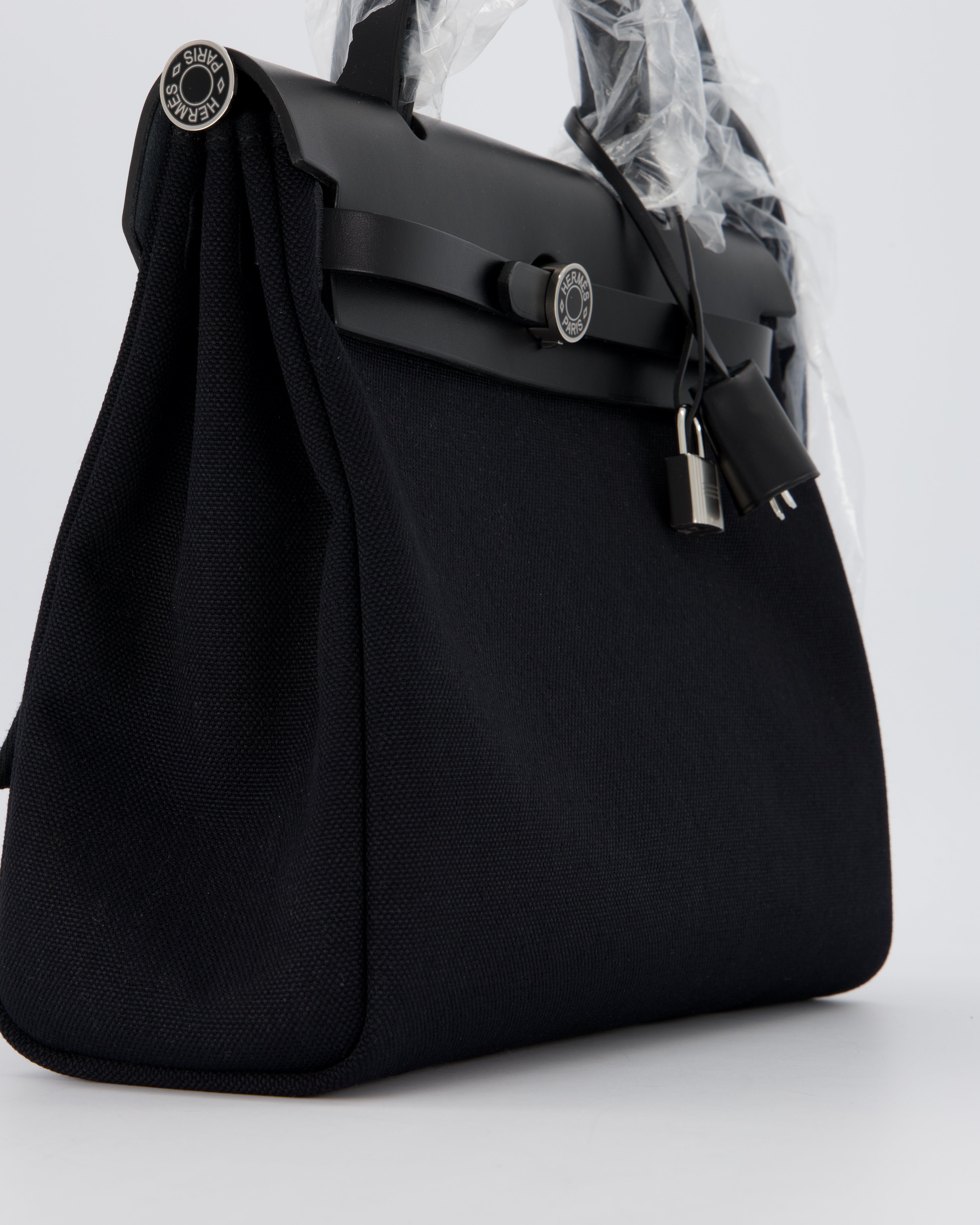 *HOT & RARE* Hermès Herbag 31 Laque Zip Bag in Noir Toile Militaire Canvas, Noir Vache Hunter Leather with Palladium & Noir Hardware