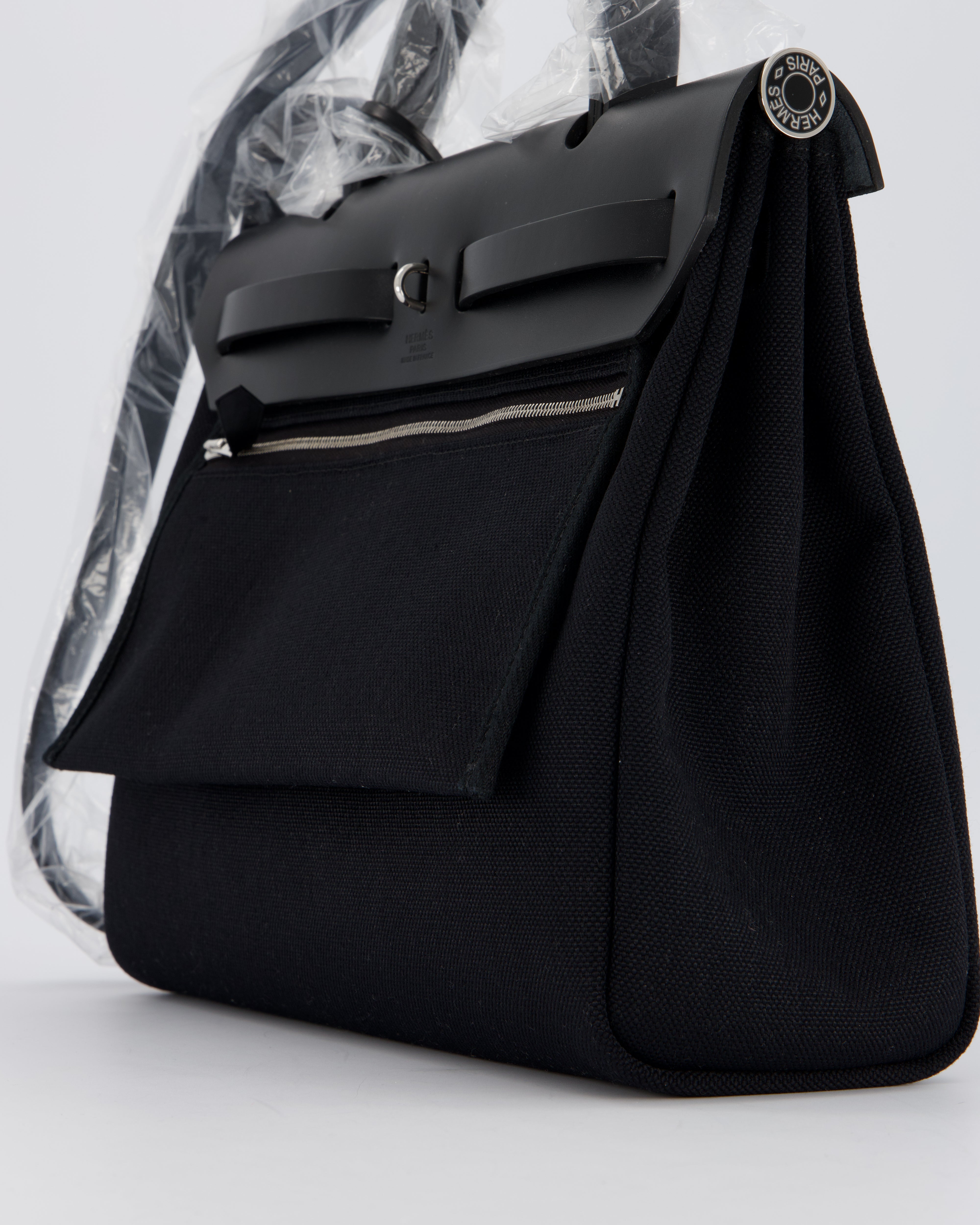 *HOT & RARE* Hermès Herbag 31 Laque Zip Bag in Noir Toile Militaire Canvas, Noir Vache Hunter Leather with Palladium & Noir Hardware