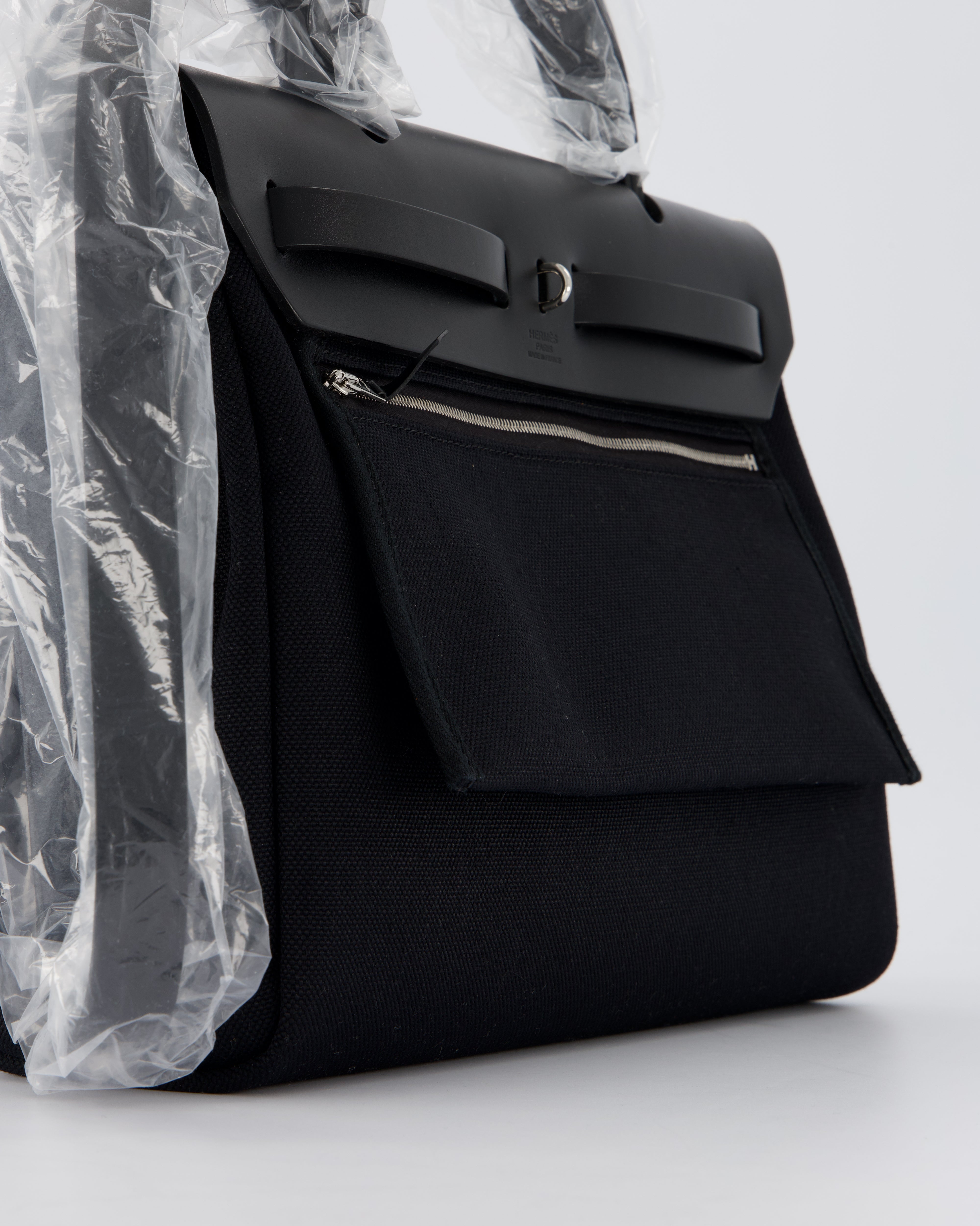 *HOT & RARE* Hermès Herbag 31 Laque Zip Bag in Noir Toile Militaire Canvas, Noir Vache Hunter Leather with Palladium & Noir Hardware