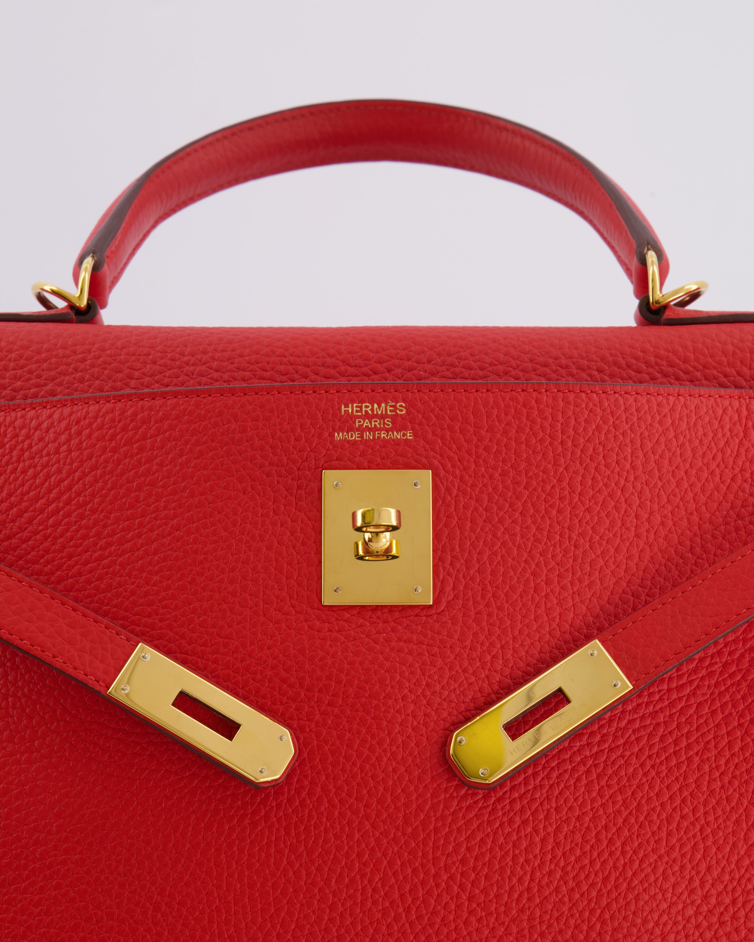 Hermès Kelly 35 Retourne Bag in Rouge Casaque Clemence Leather with Gold Hardware