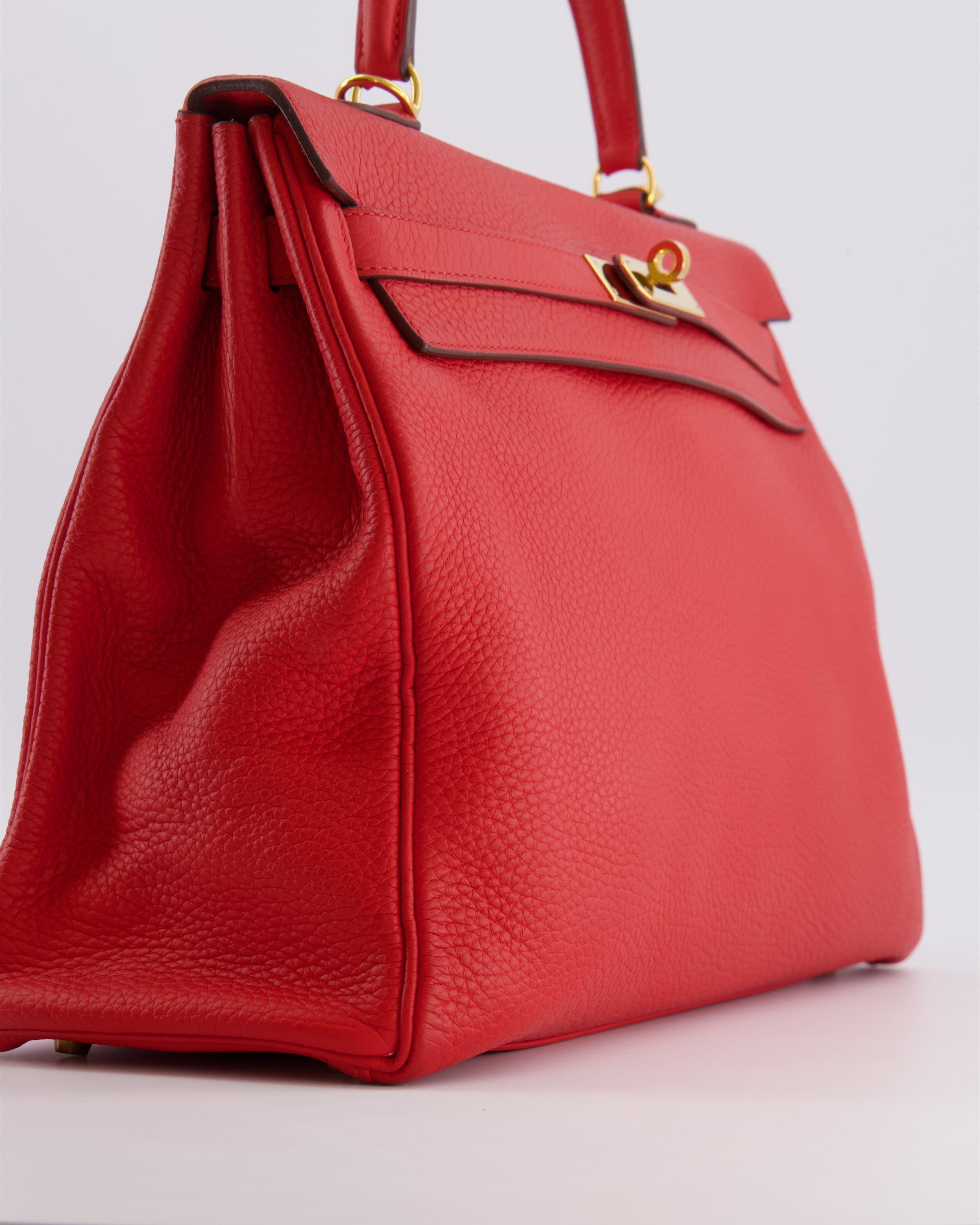 Hermès Kelly 35 Retourne Bag in Rouge Casaque Clemence Leather with Gold Hardware